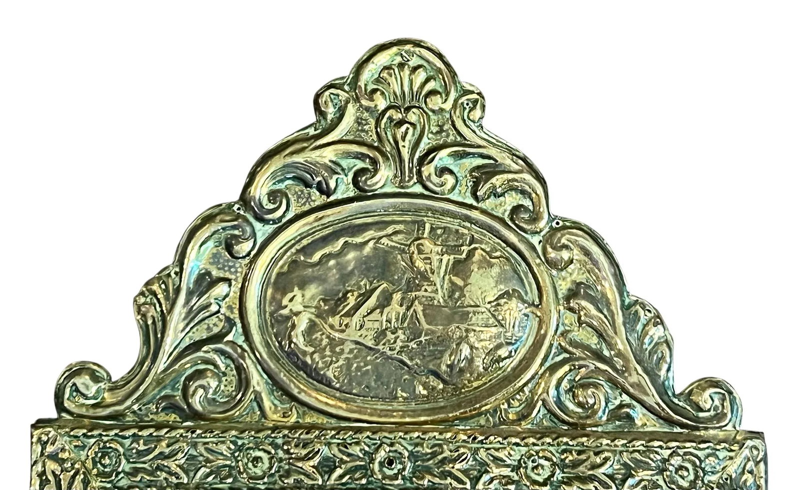 19th Century Brass Mirror With Beveled Glass-Dutch Scene Embellishment - 6