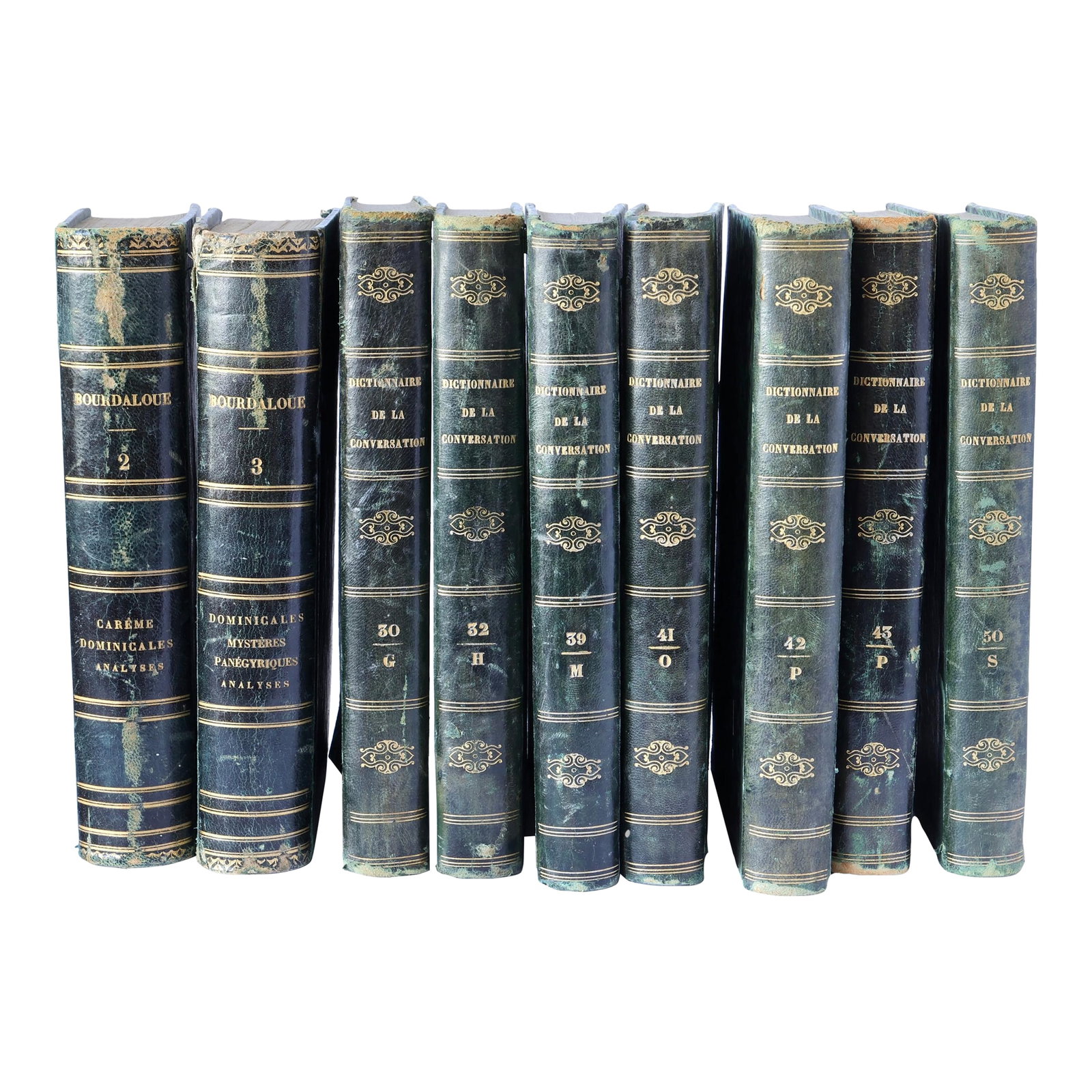 Mid-19th-Century French Leather Wrapped "Dictionnaire De La Conversation" Books - Set of 9: Set of 9 mid-19th-century French volumes, featuring two works from"uvres Completes de Bourdaloue" (1846) - the collected sermons of Louis Bourdaloue, famed 17th-century Jesuit preacher to Louis XIV -