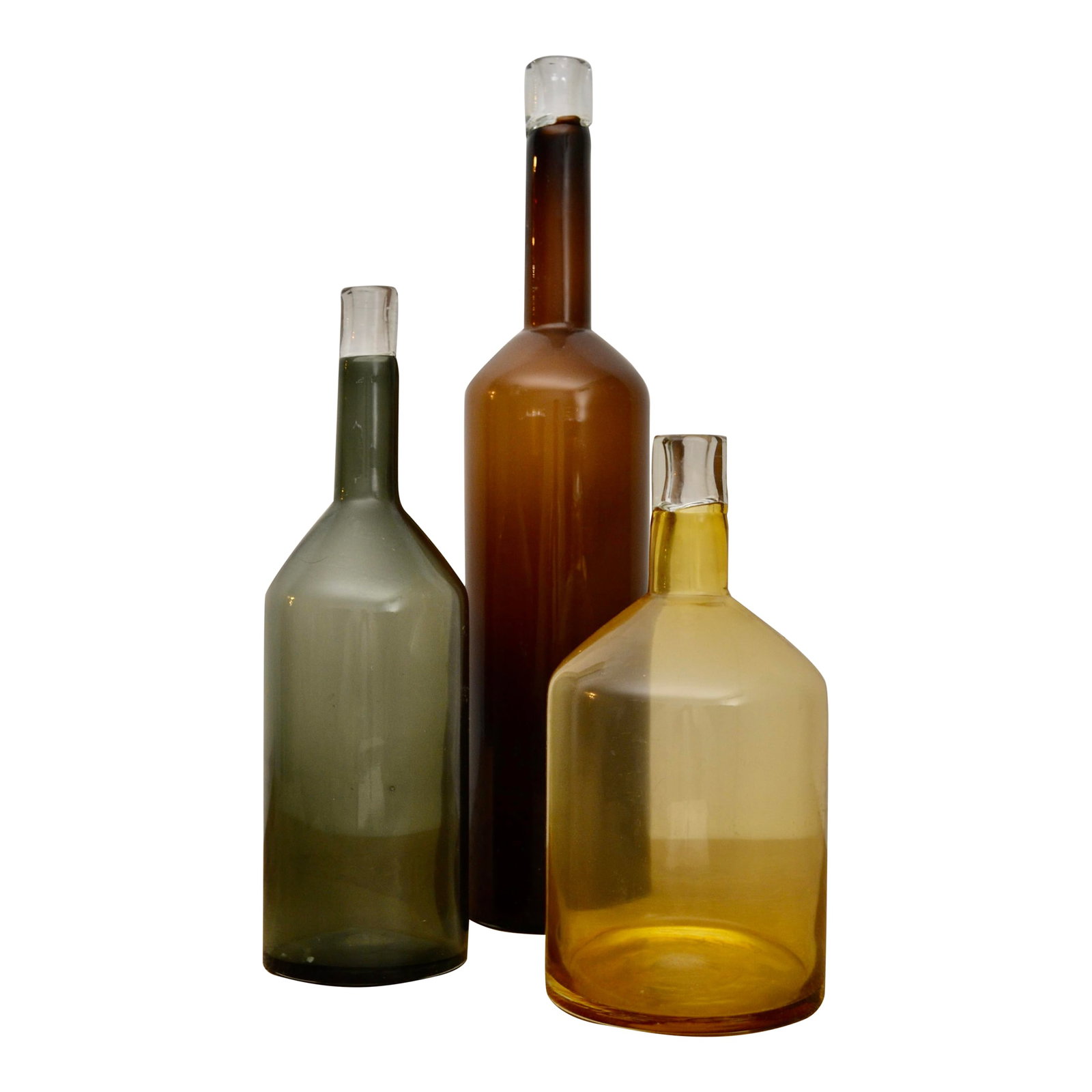Late 20th Century Decorative Tinted Glass Display Bottles: Set of 3 large scale vintage display vases or bottles in tinted glass colors of brown, gray, and yellow. Nice decorative accents for floor or otherwise. 5 1/2" x 25 1/4" (Largest) - 7 1/4" x 14"