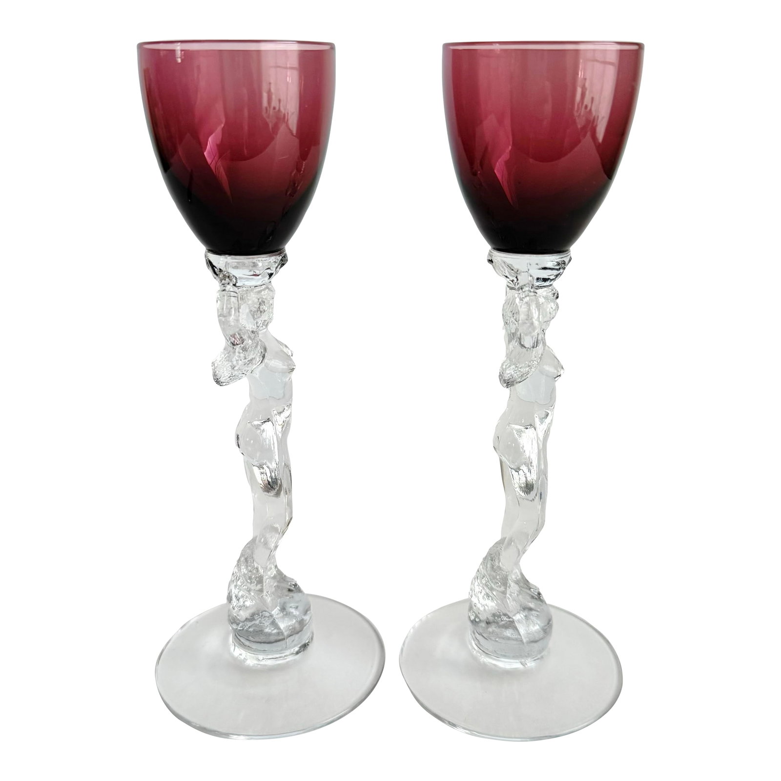 Cambridge Statuesque Nude Stem Cordial Glasses Brandy Port Wine Purple Amethyst Bowl: Cambridge Statuesque Nude Stem Cordial Glasses Brandy Port Wine Purple Amethyst Bowl A fantastic pair of nude stem glasses with rich purple bowls. Beautiful female form on these, great to add to your
