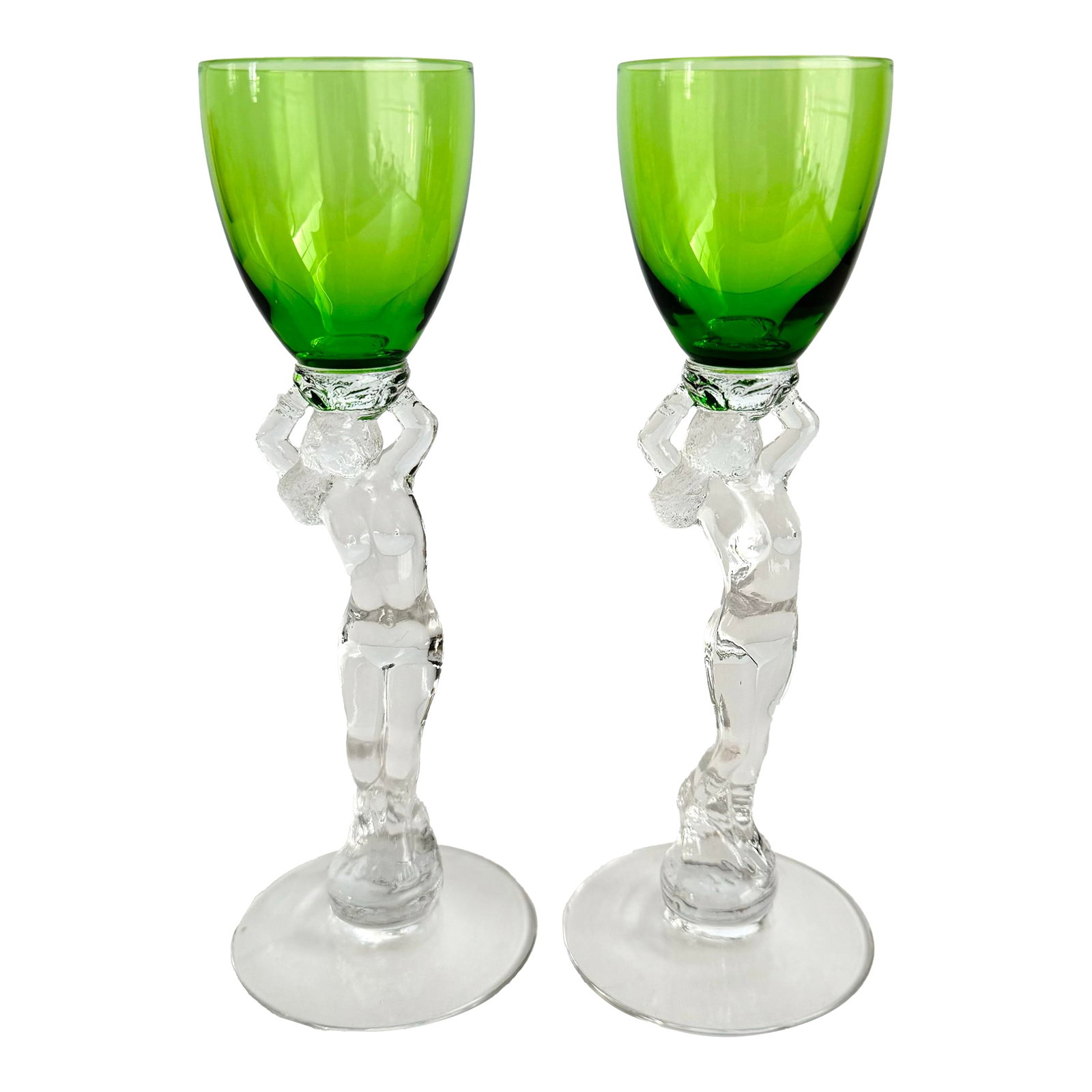 Cambridge Statuesque Nude Stem Cordial Glasses Brandy Port Wine Emerald Green Bowl: Cambridge Statuesque Nude Stem Cordial Glasses Brandy Port Wine Emerald Green Bowl A fantastic pair of nude stem glasses with rich green bowls. Beautiful female form on these, great to add to your col