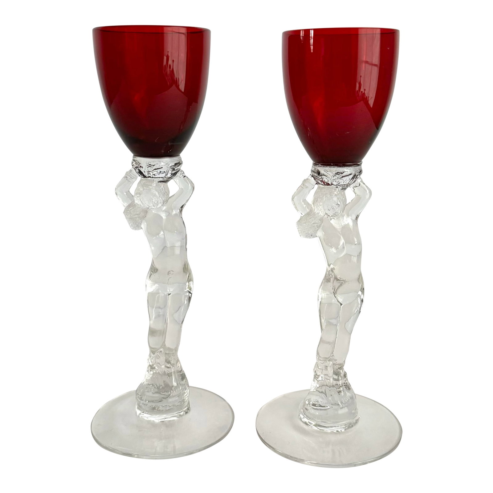 Cambridge Statuesque Nude Stem Cordial Glasses Brandy Port Wine Ruby Red Bowl: Cambridge Statuesque Nude Stem Cordial Glasses Brandy Port Wine Ruby Red Bowl A fantastic pair of nude stem glasses with rich red bowls. Beautiful female form on these, great to add to your