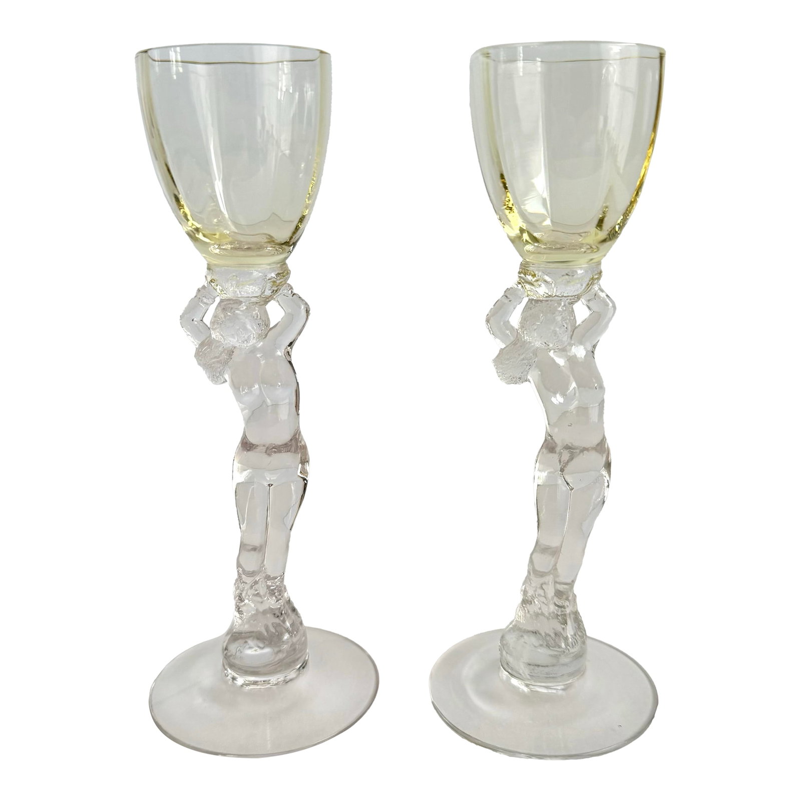 Cambridge Statuesque Nude Stem Cordial Glasses Brandy Port Wine Pale Yellow Bowl: Cambridge Statuesque Nude Stem Cordial Glasses Brandy Port Wine Pale Yellow Bowl A fantastic pair of nude stem glasses with pale yellow bowls. Beautiful female form on these, great to add to your