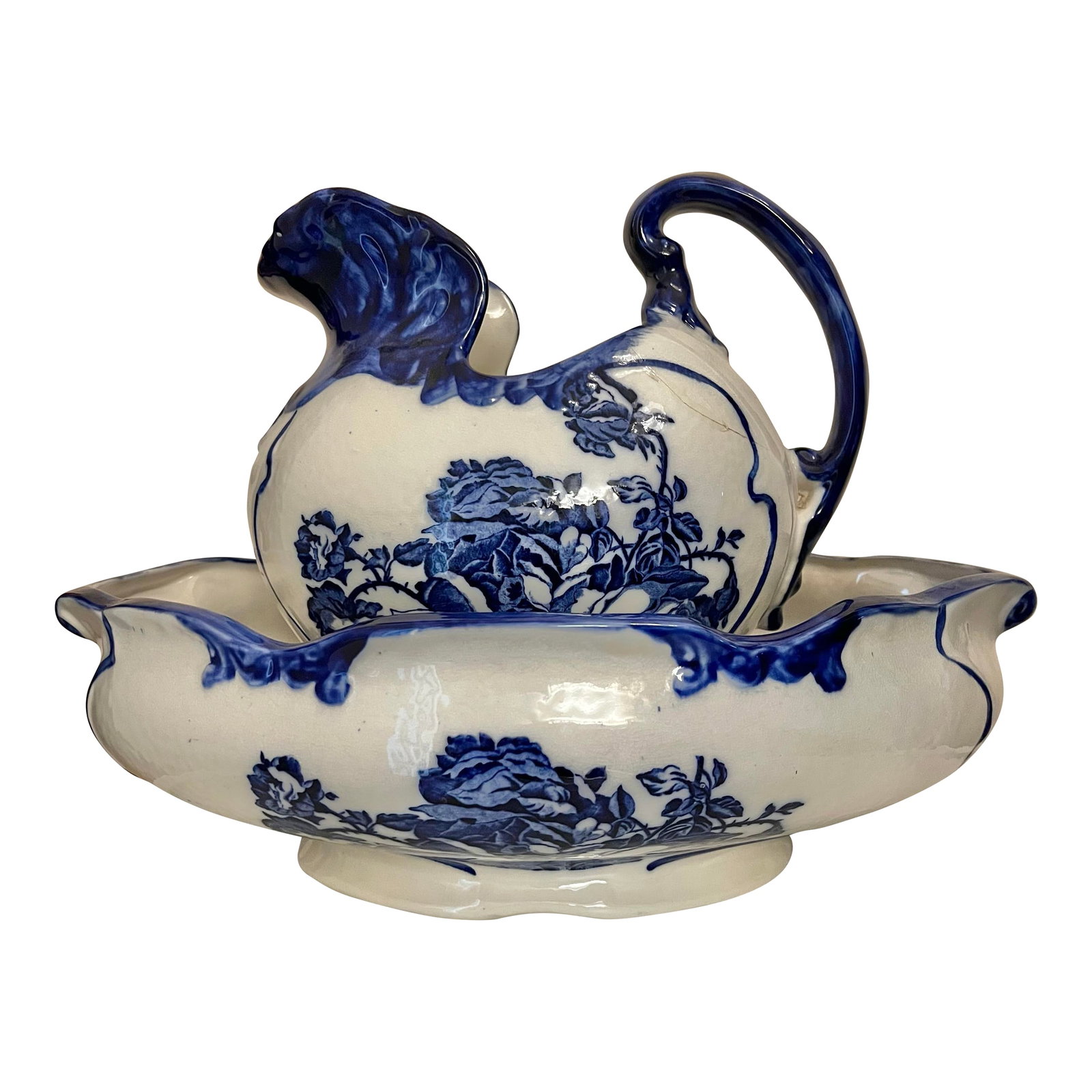 Antique Pitcher & Wash Basin Bowl Ironstone Staffordshire Set of 2: Victoria Ironstone. The cobalt blue is vivid, it is really an Eye-Catcher! This is a unique and rare design. These are large authentic pieces. * The oval footed basin measures approx. 17" by 13" by