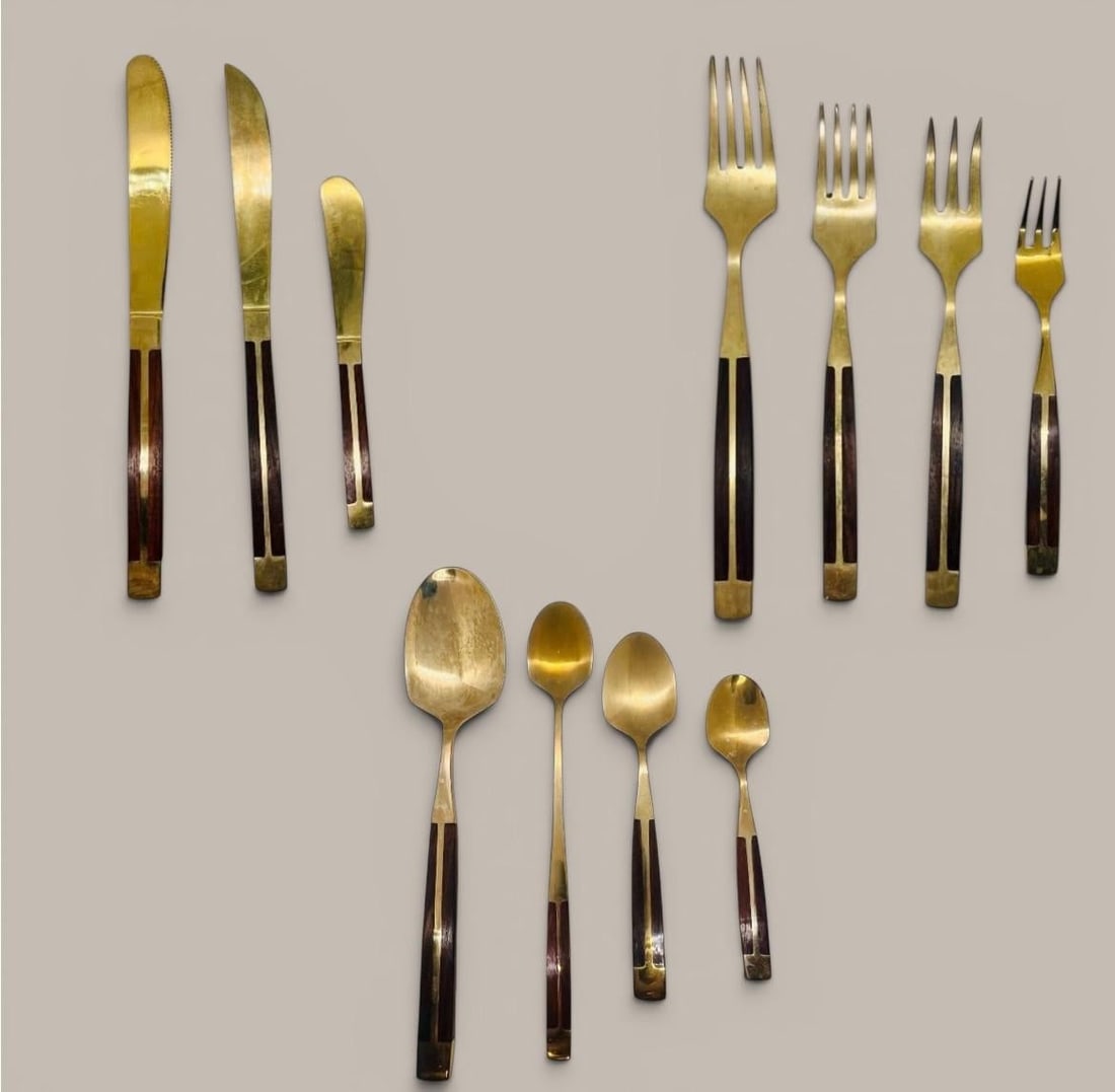 Mid Century Modern Flatware Set in Rosewood & Bronze-Teak Case, Thailand- 100 Pieces - 4