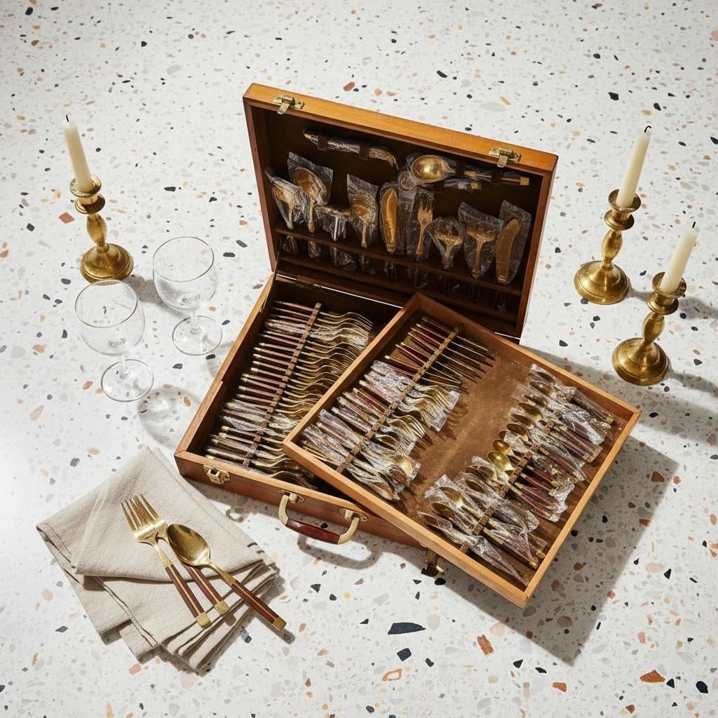 Mid Century Modern Flatware Set in Rosewood & Bronze-Teak Case, Thailand- 100 Pieces - 6