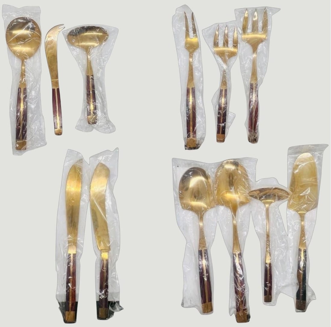 Mid Century Modern Flatware Set in Rosewood & Bronze-Teak Case, Thailand- 100 Pieces - 7