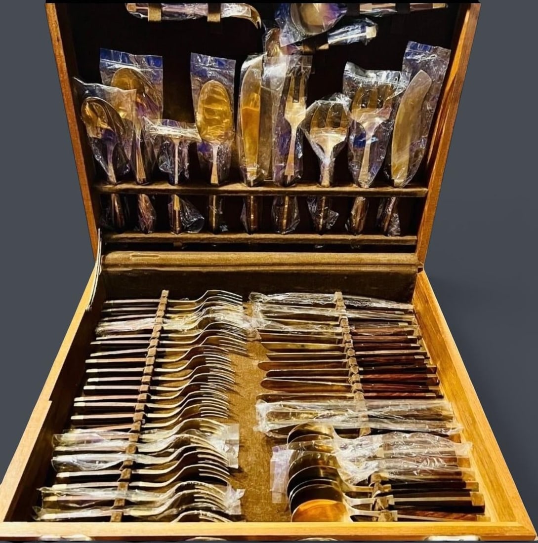 Mid Century Modern Flatware Set in Rosewood & Bronze-Teak Case, Thailand- 100 Pieces - 8