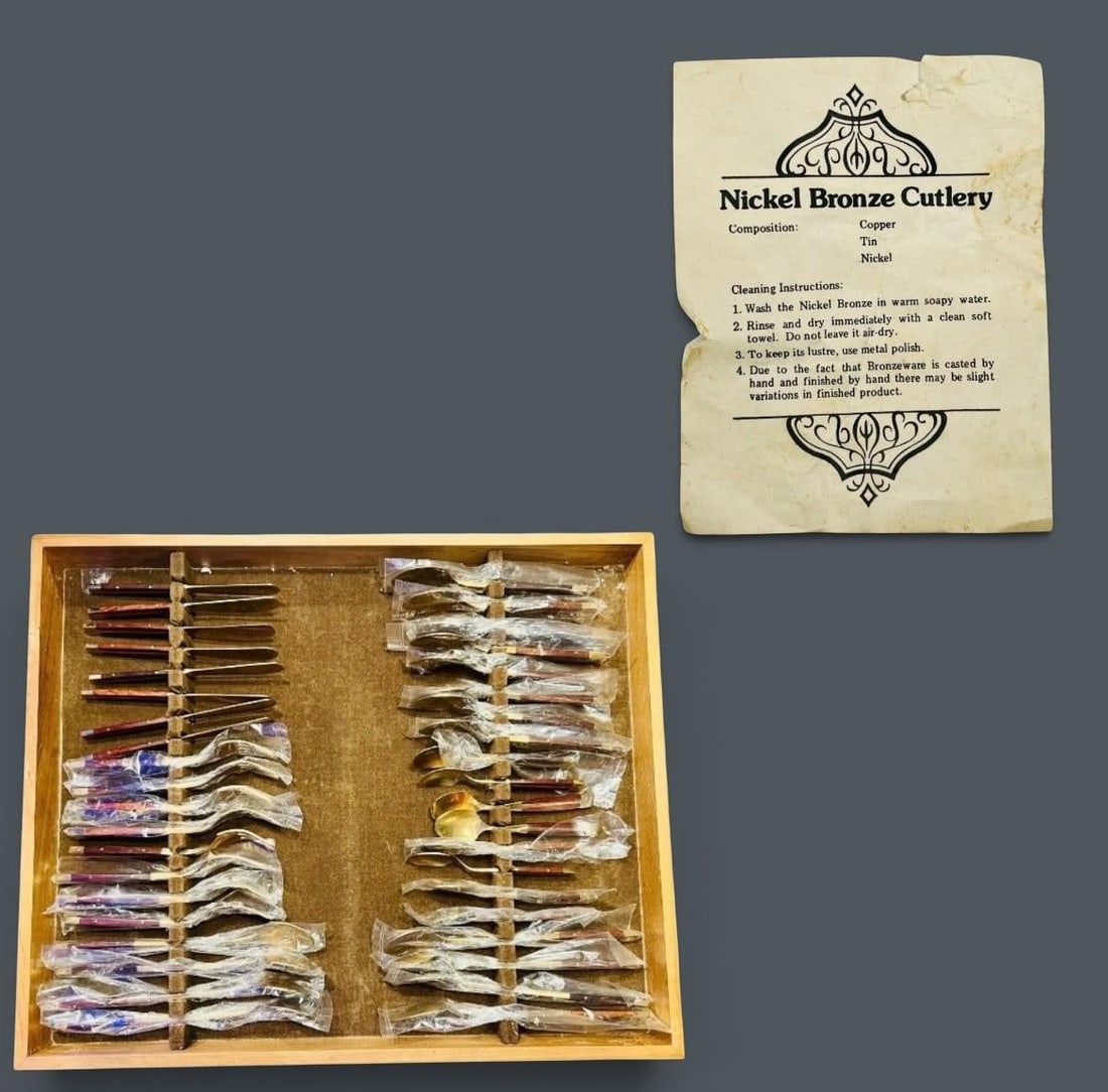 Mid Century Modern Flatware Set in Rosewood & Bronze-Teak Case, Thailand- 100 Pieces - 9