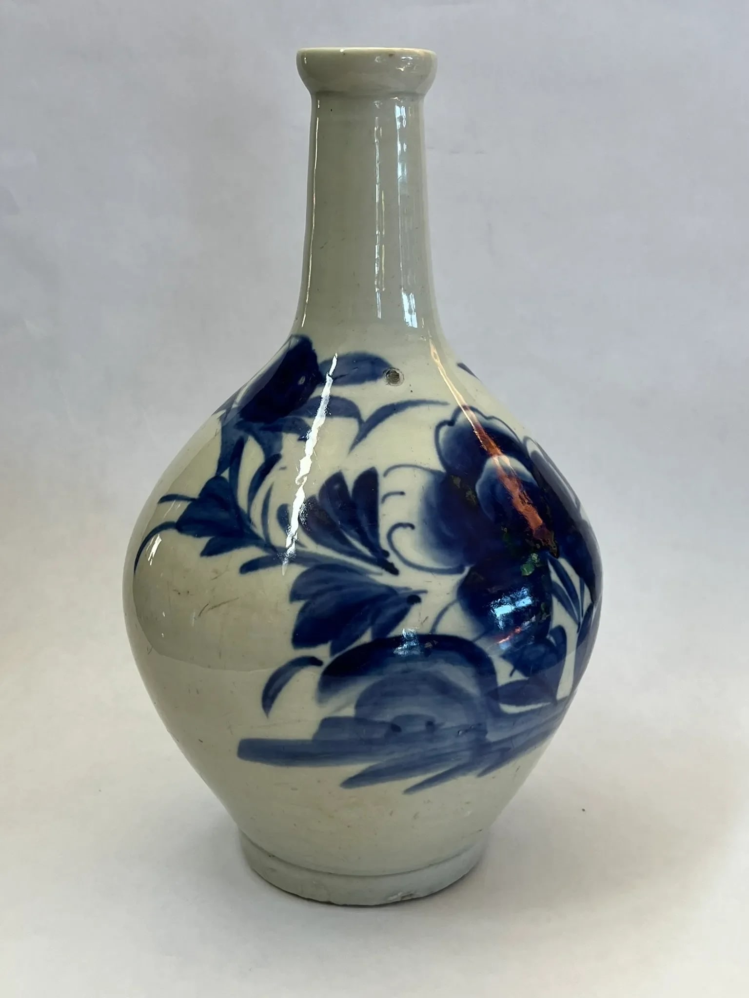 Antique Korean Sake Bottle With Underglaze Blue Flower - 2