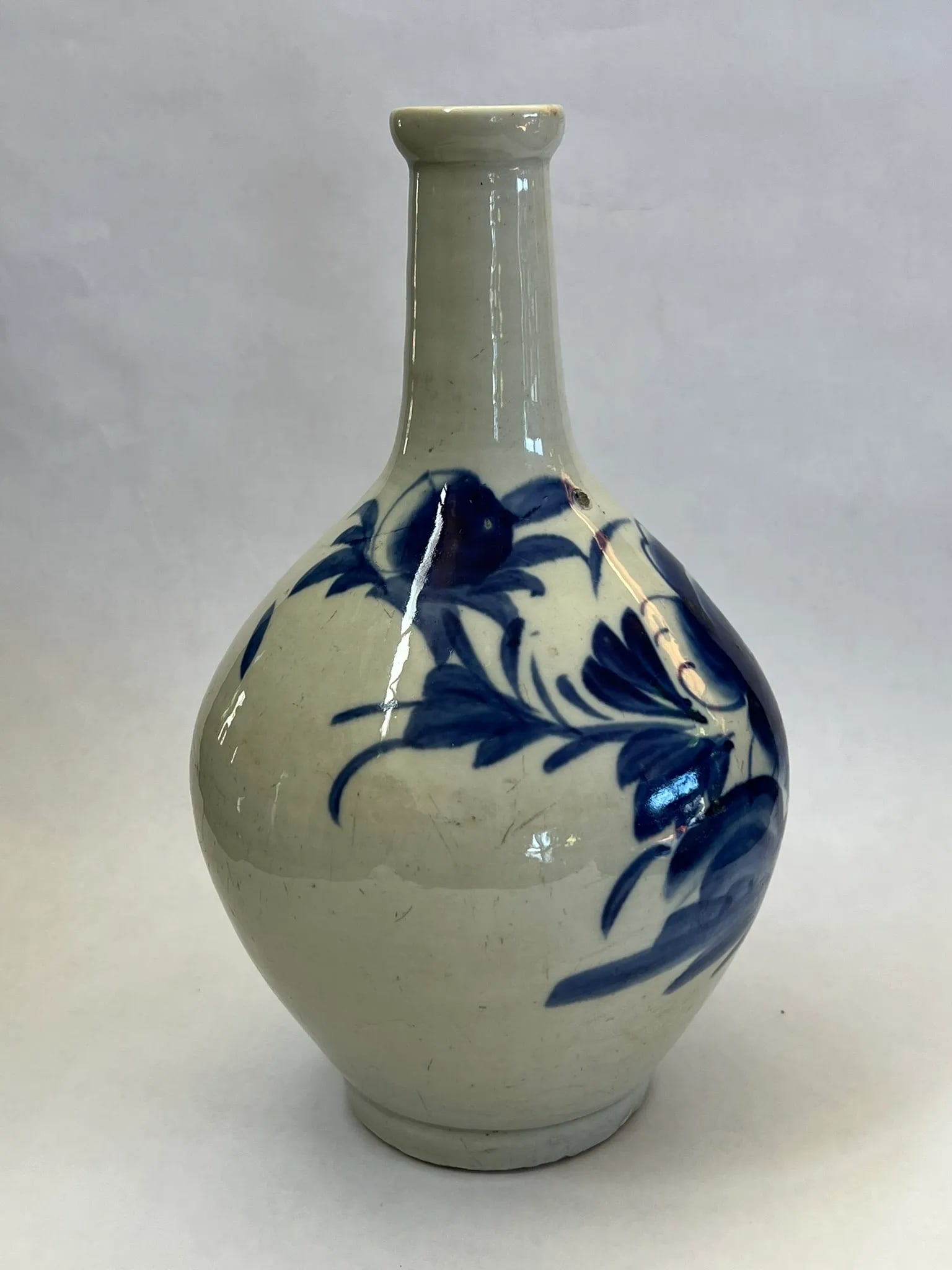 Antique Korean Sake Bottle With Underglaze Blue Flower - 3