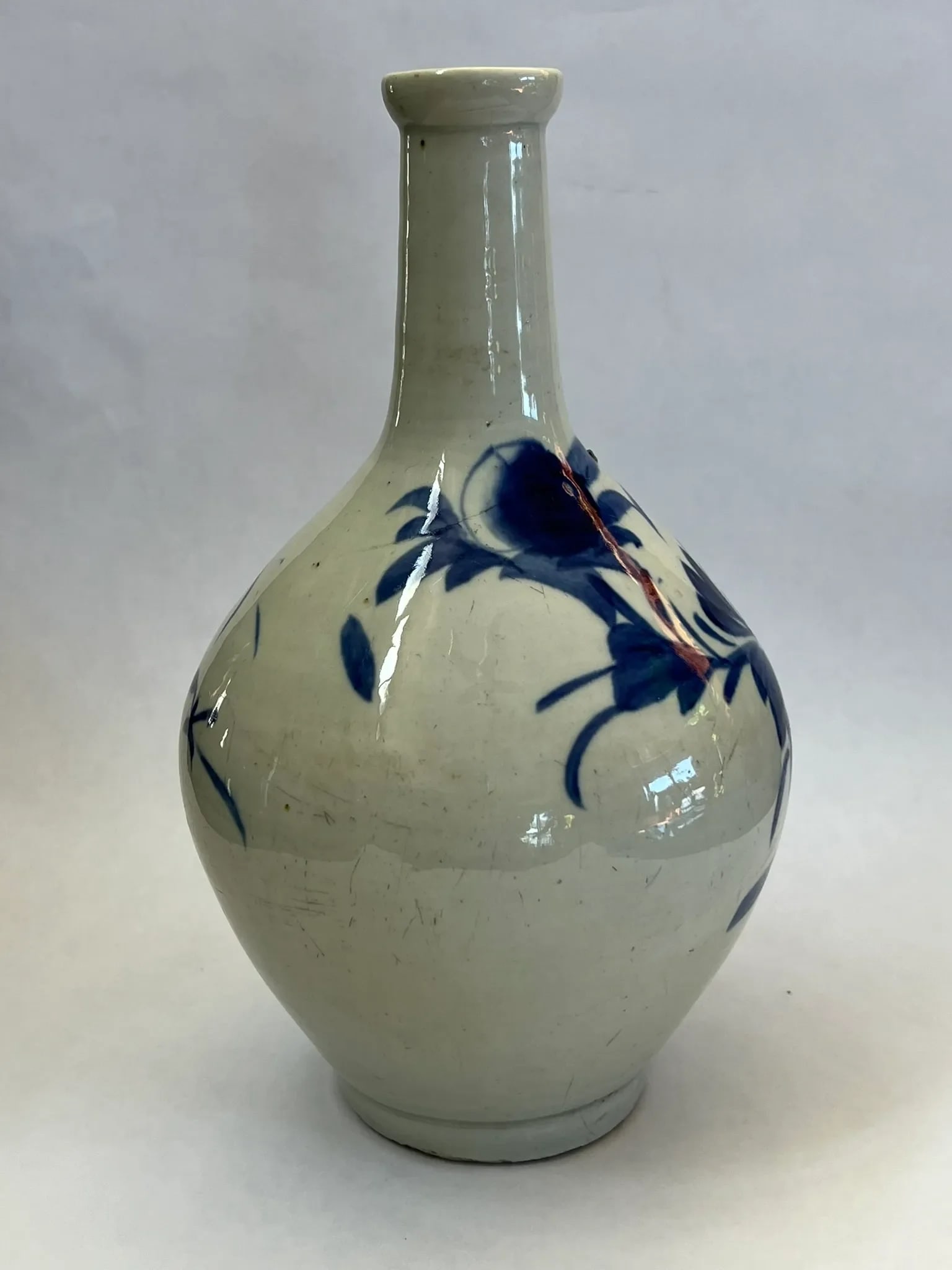 Antique Korean Sake Bottle With Underglaze Blue Flower - 4