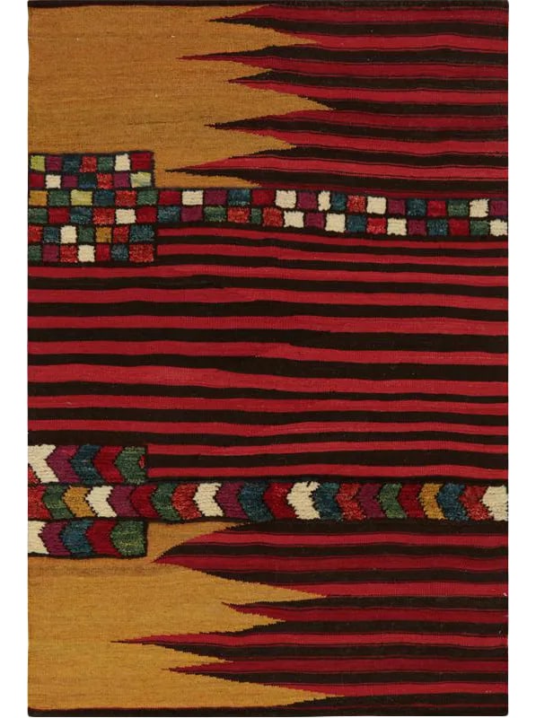 Handwoven Scandinavian Style Persian Kilim Area Rug - 4' * 5'11'': This bewitchingly beautiful example of a tribal Kilim area rug features a contemporary pop of electrifying bright colors in a playful mixed-weave design. The creative modern twist of a knotted-pile