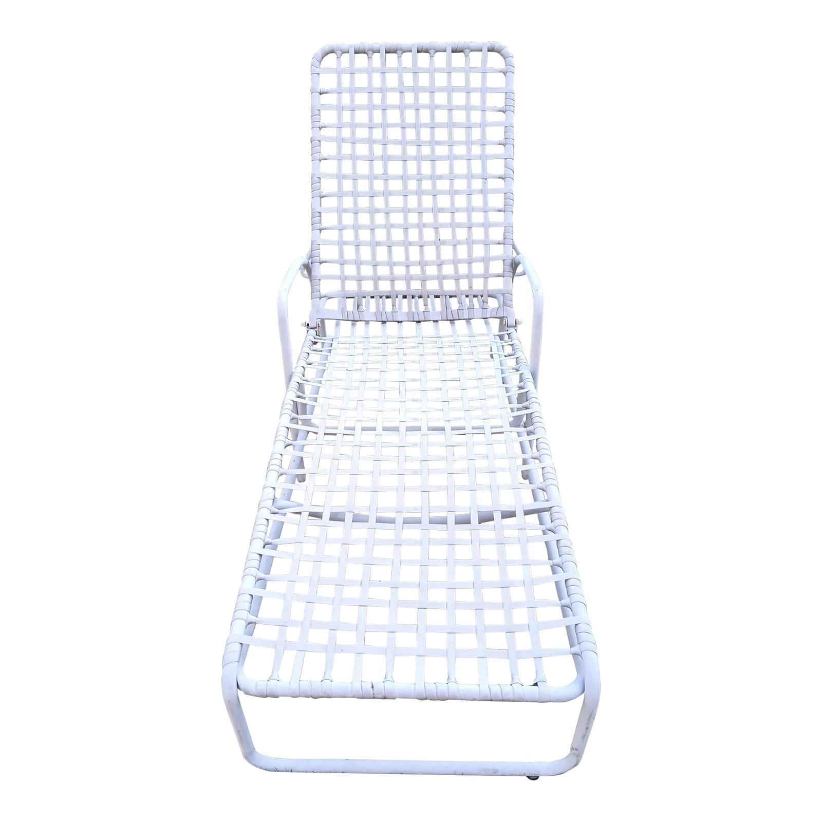 Mid-Century Modern Chaise Lounge Chair: Metal Chaise Lounge Chair. It appears to be a Jordan Brown, but the item is unmarked. 79"L x 27" W x 39 1/2 H Light gray vinyl webbing, lightweight, adjustable back. Thank you. Condition: