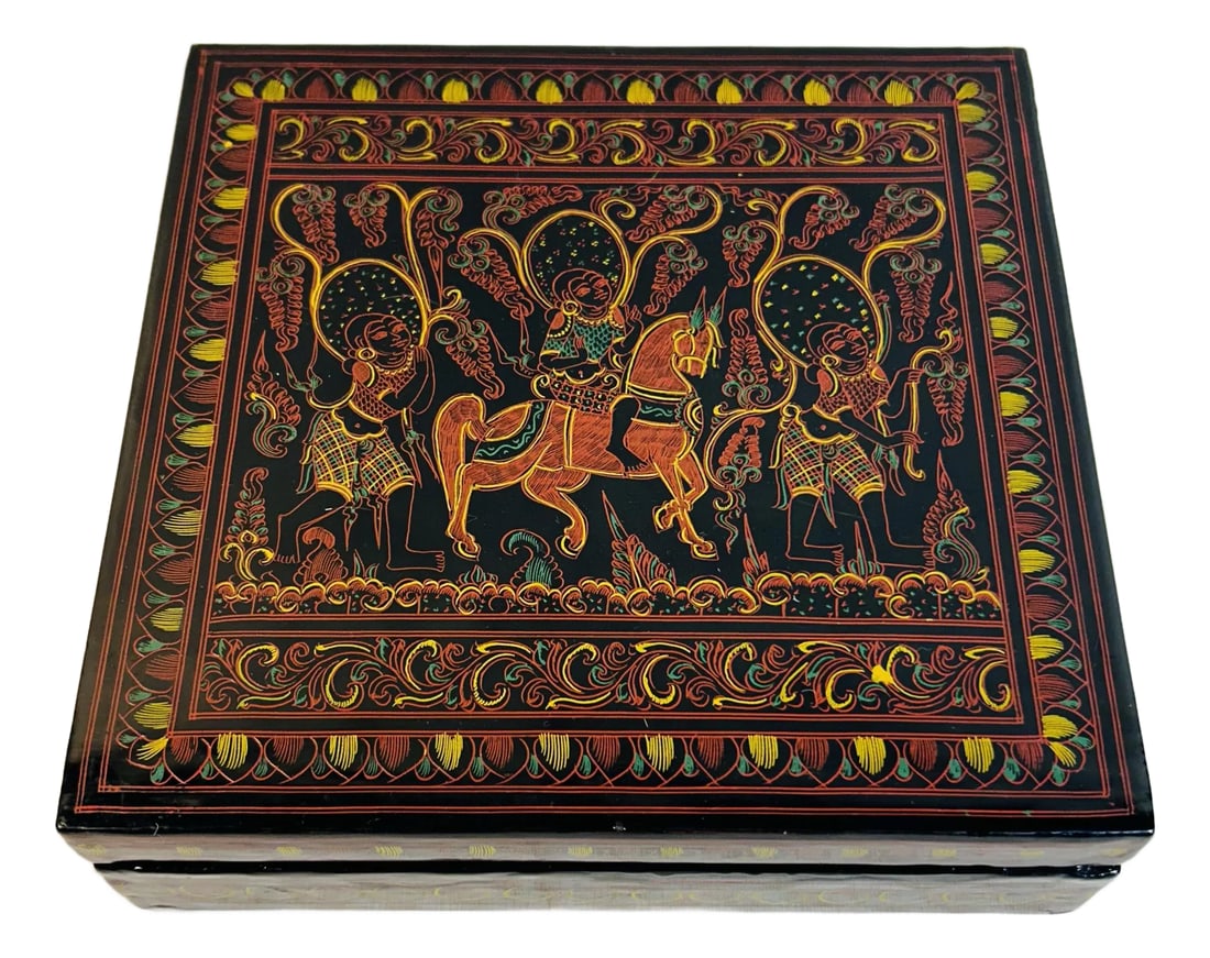 Vintage African Tribal Design Black Lacquered Dresser Box With Horse and Figures: Beautiful black lacquered dresser box decorated with an African tribal motif. Features the colors red, yellow and green, shows three figures walking with a horse. Condition: Alterations: Original