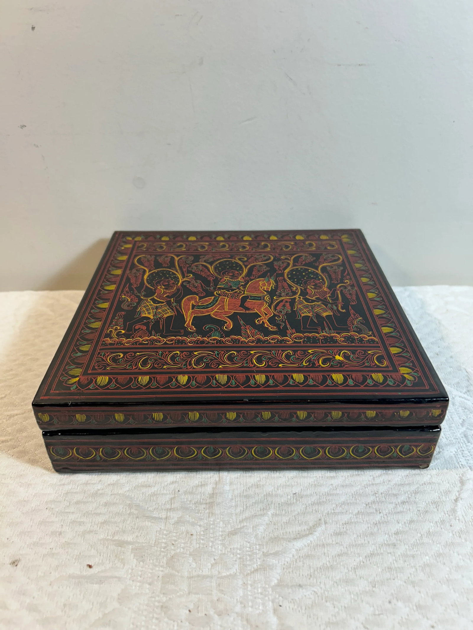 Vintage African Tribal Design Black Lacquered Dresser Box With Horse and Figures - 3