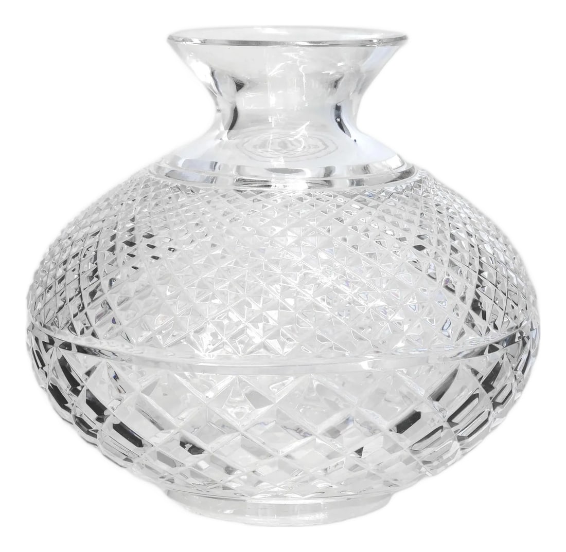 Early 20th Century Waterford Cut Crystal "Alana" Pattern Lampshade: Crafted from brilliant lead crystal, this globe-shaped lampshade by Waterford features a deeply cut diamond pattern that beautifully refracts light. Made in Ireland, it's designed to fit over a candle
