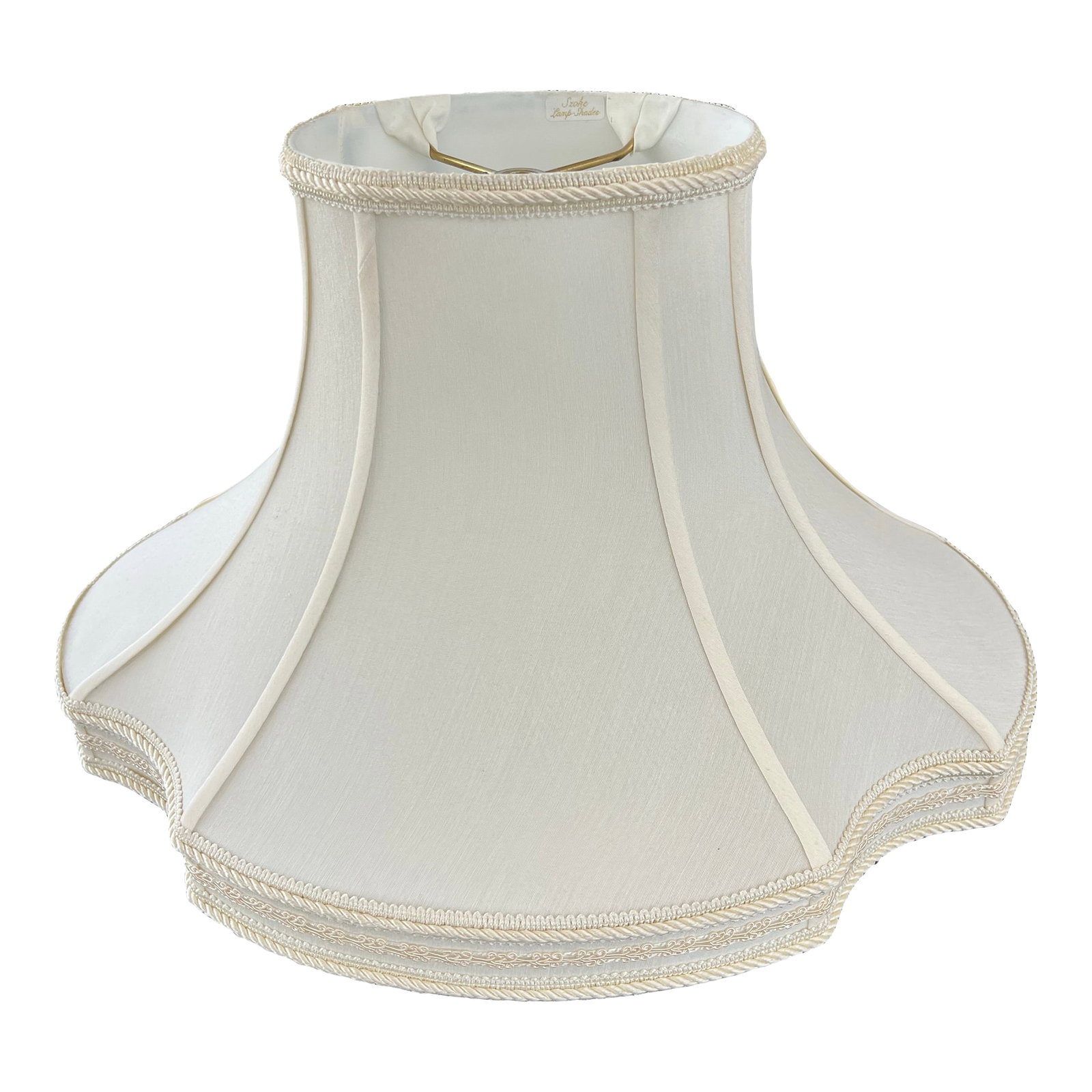 Vintage Quartefoil Bell Shaped Lamp Shade by Szoke Co.: Beautifully Quartefoil bell shape lamp shade. Appears to be in like new condition. Metal frame with off white fabric and lace trim. Measures 11" tall. And about 14.75" x 18.75". Made by Szoke Co. in