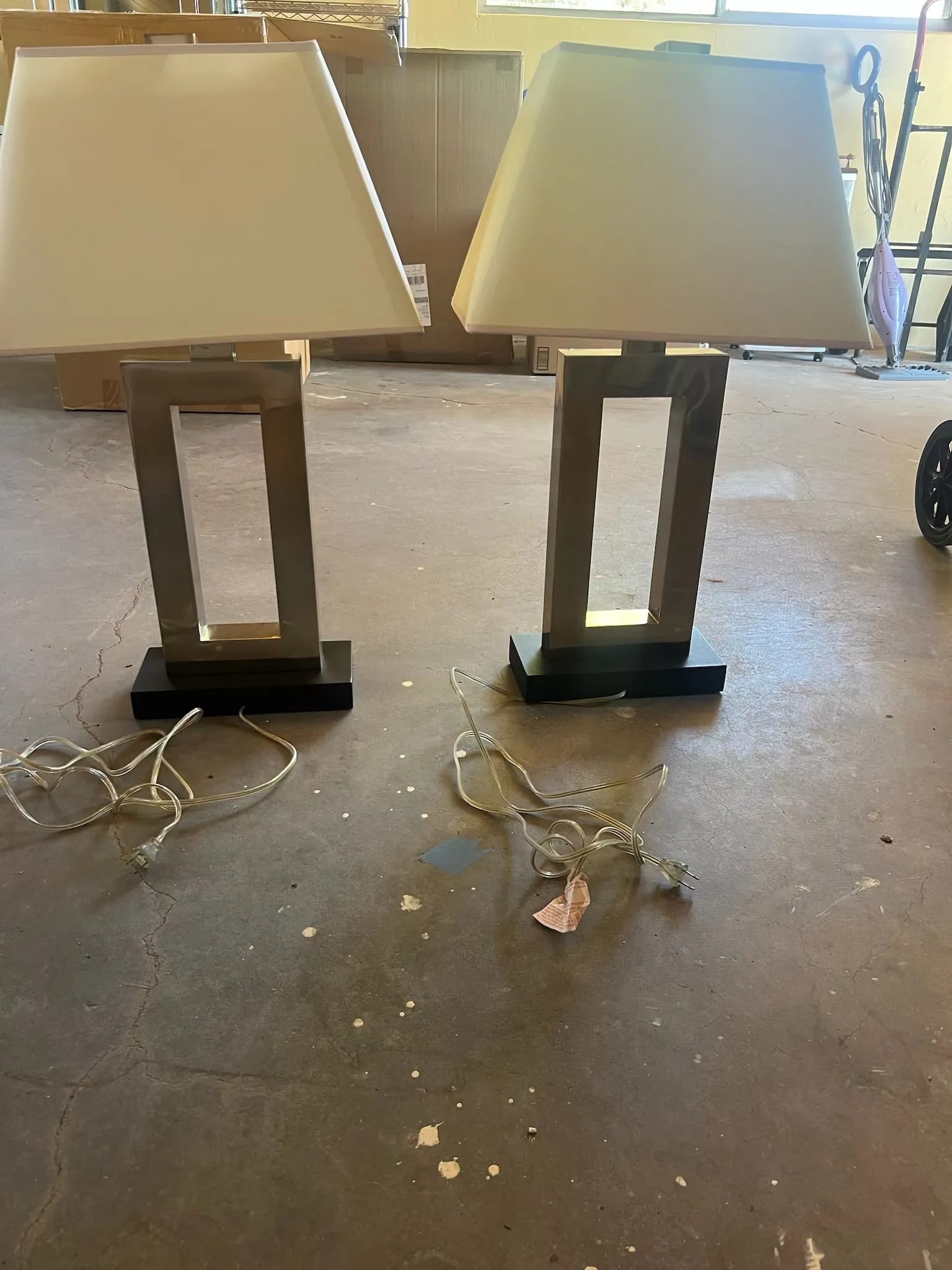 Pair of Modern Brushed Robert Abbey Style Metal Open-Frame Table Lamps - 10