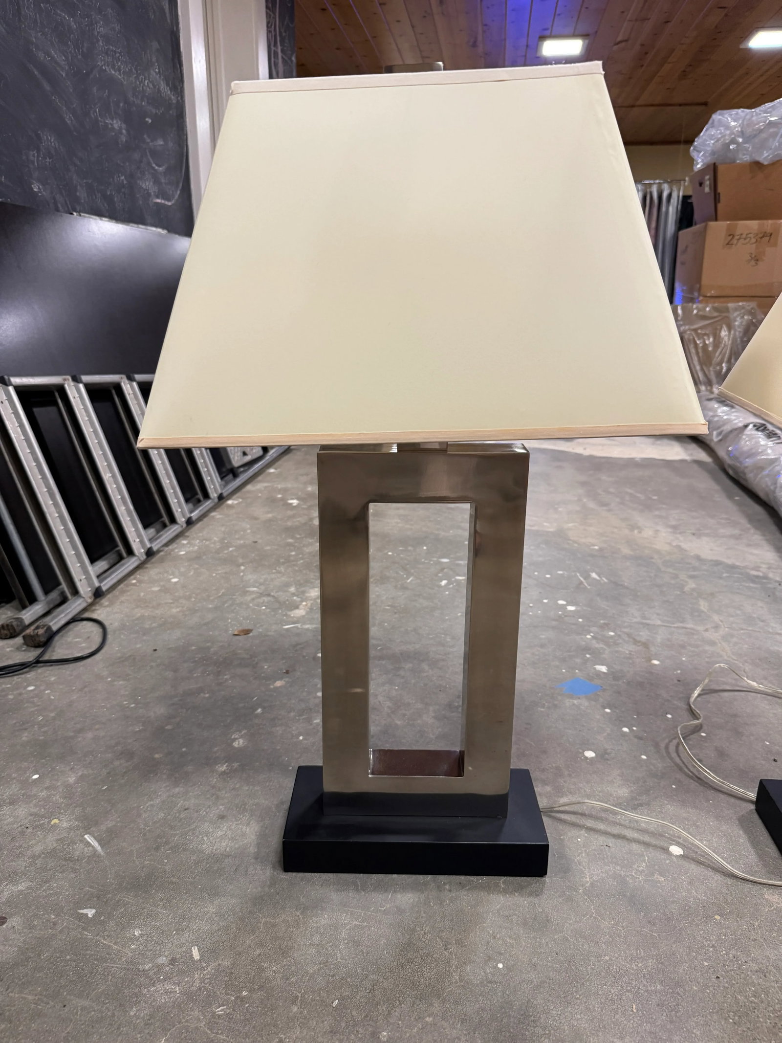 Pair of Modern Brushed Robert Abbey Style Metal Open-Frame Table Lamps - 2