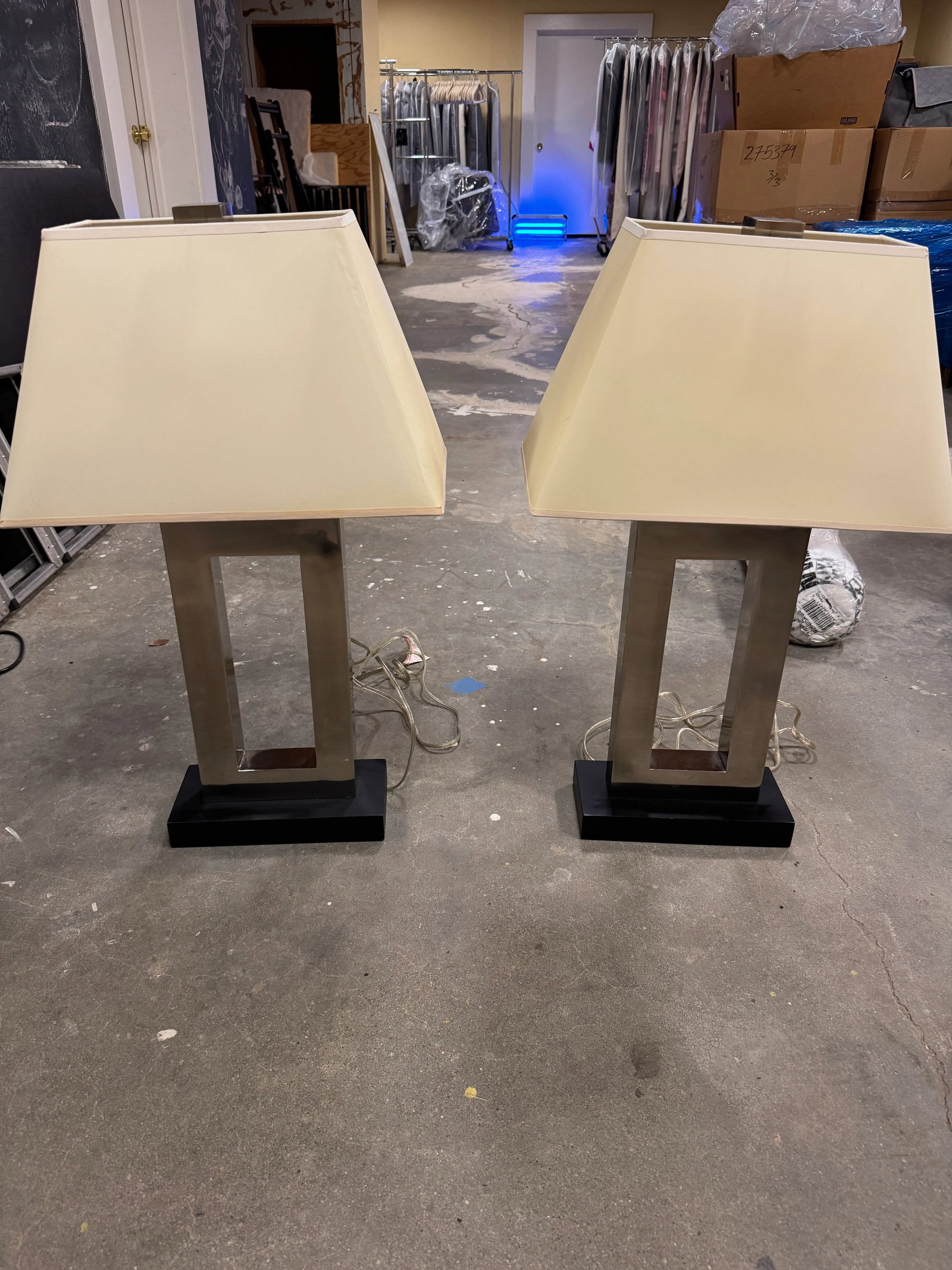 Pair of Modern Brushed Robert Abbey Style Metal Open-Frame Table Lamps - 7