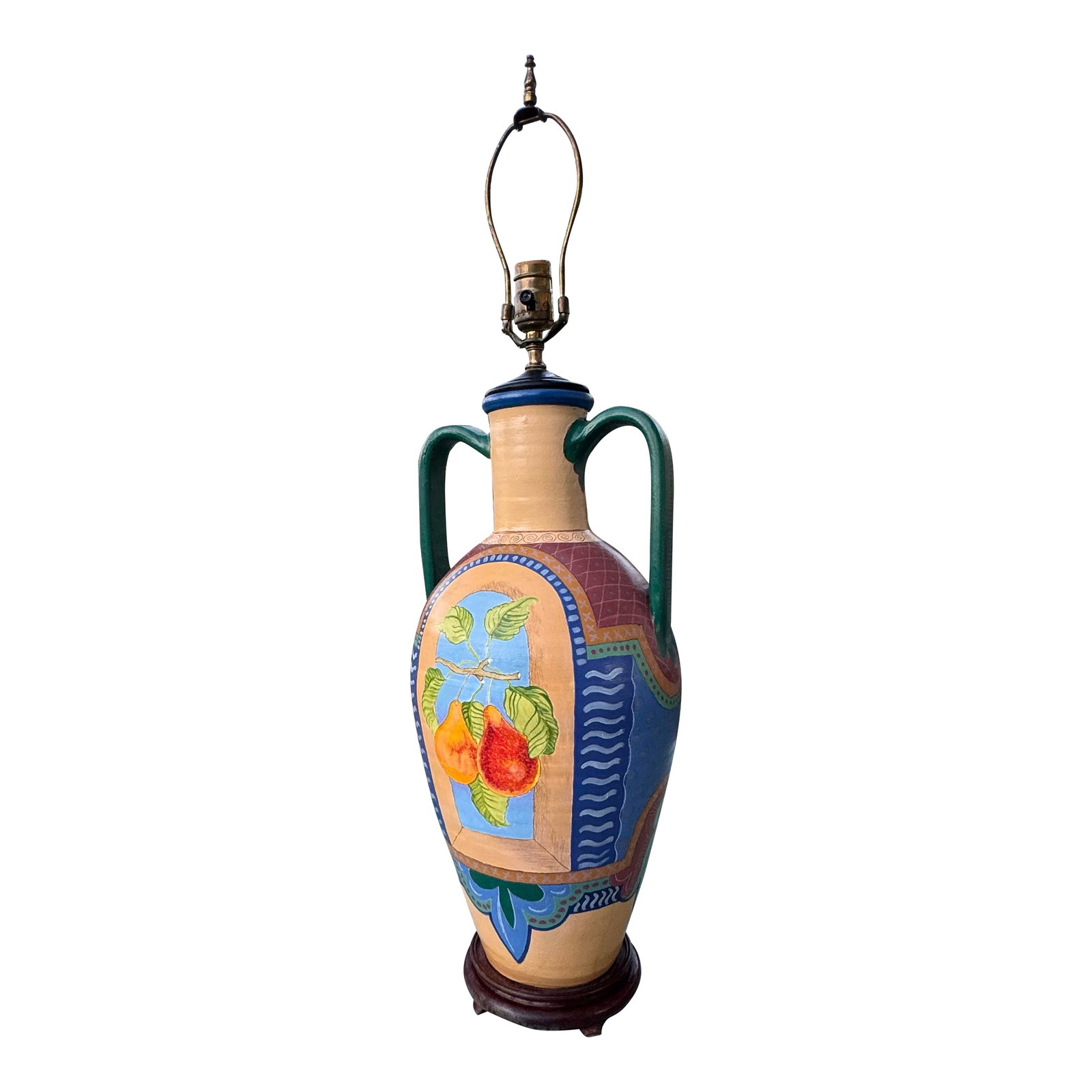 Vintage Hand Painted Urn Lamp: Vintage hand painted two handled urn table lamp featuring a vibrant color palette and artistic design of fruit and foliage motifs. Signed by artist. Lamp has a 3-way switch, it measures 32" to the