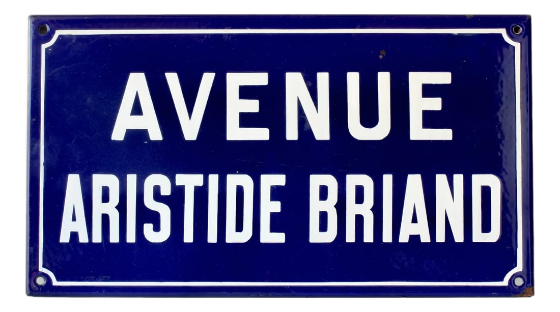 Vintage French Enameled Street Sign: Vintage French enamel street sign, Avenue Aristide Briand, named for the revered statesman and Nobel Peace Prize winner who served as Prime Minister of France eleven times. This deep blue and white