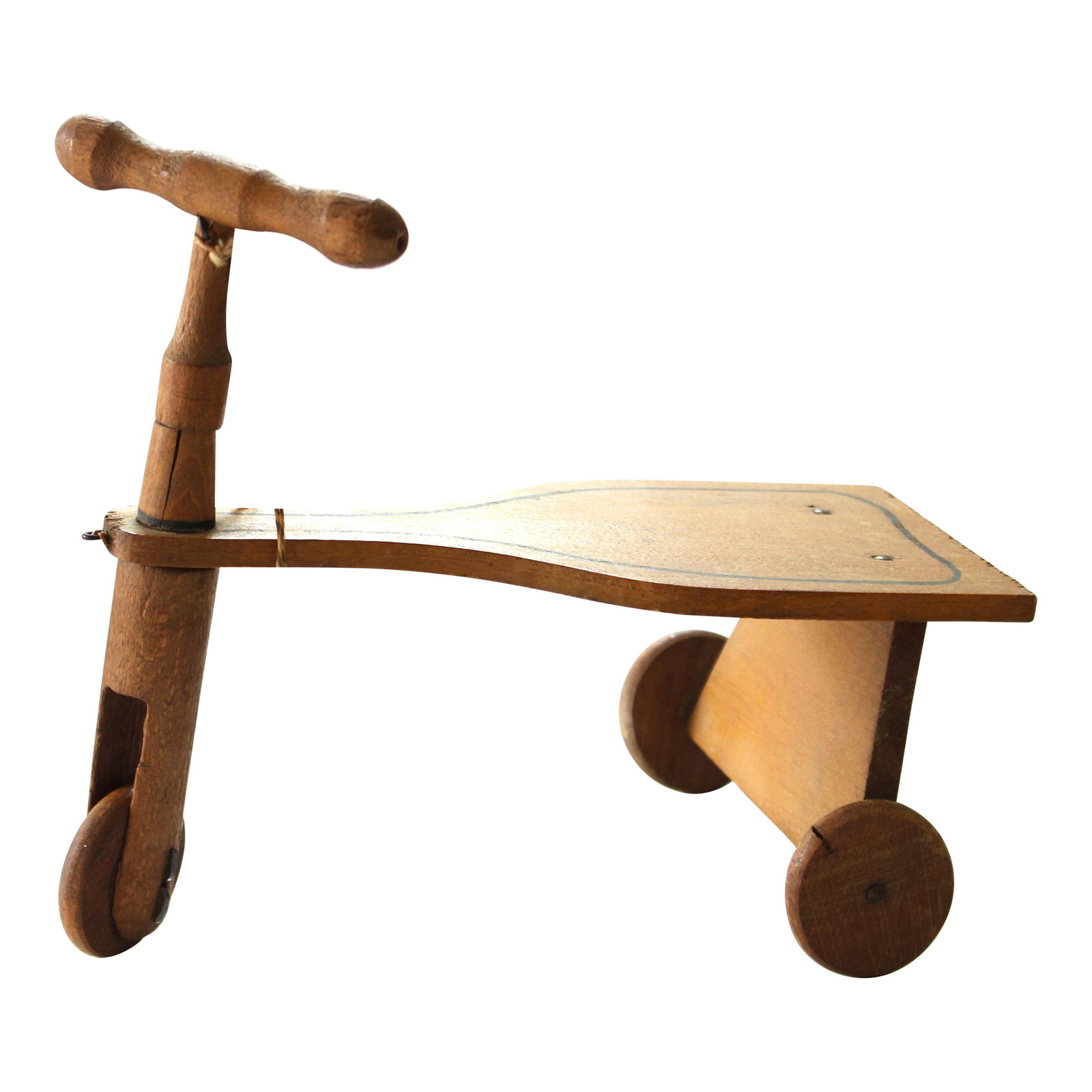 Vintage Carved Wooden Tricycle Childs Toy: A cute vintage craved tricycle with wheels from the 1950s-1960s. The wood has beautiful original markings and a operable brass bell This very well made item is completely authentic with normal signs