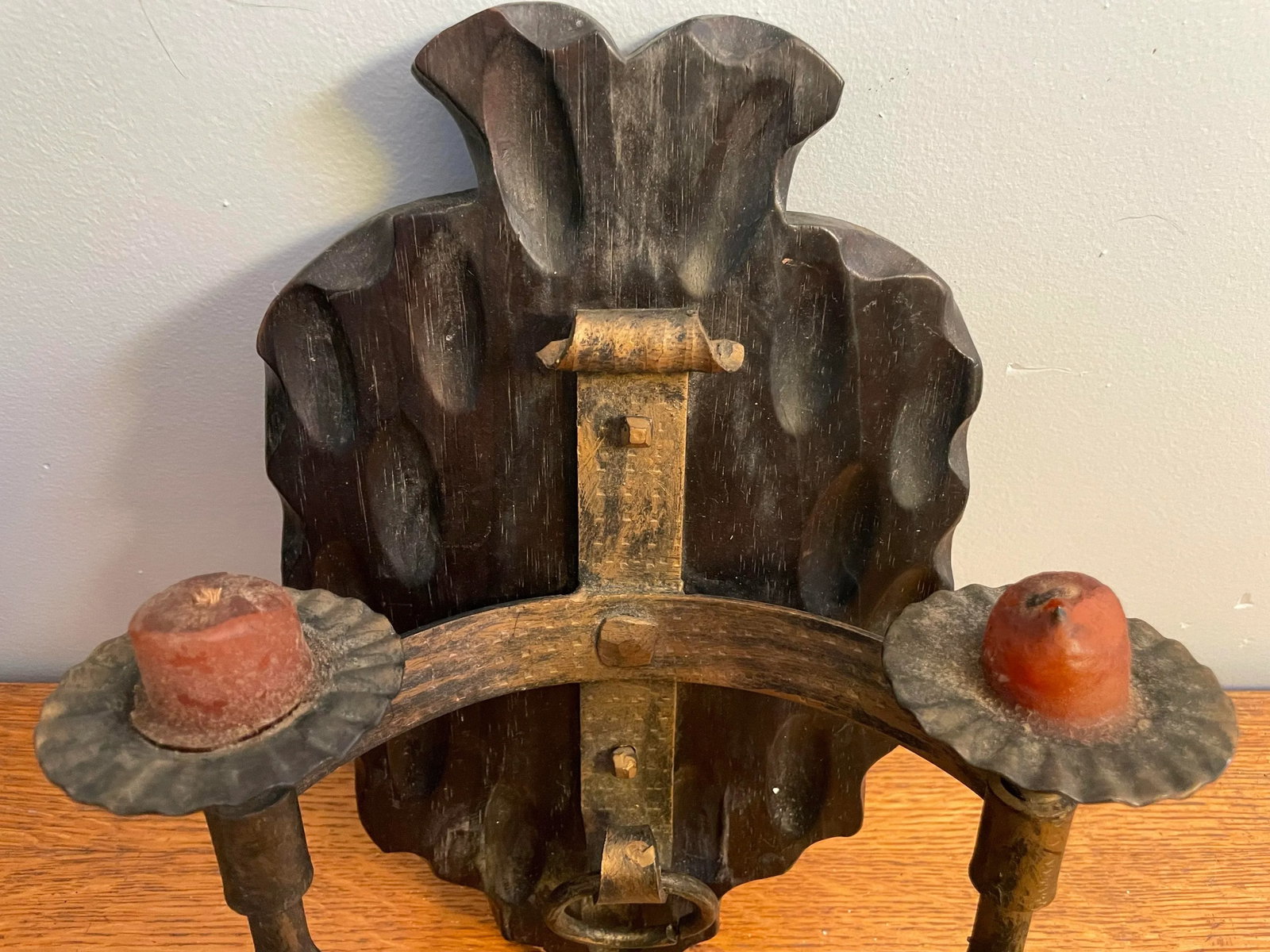 Vintage Wrought Iron and Carved Wood Wall Sconce - 5