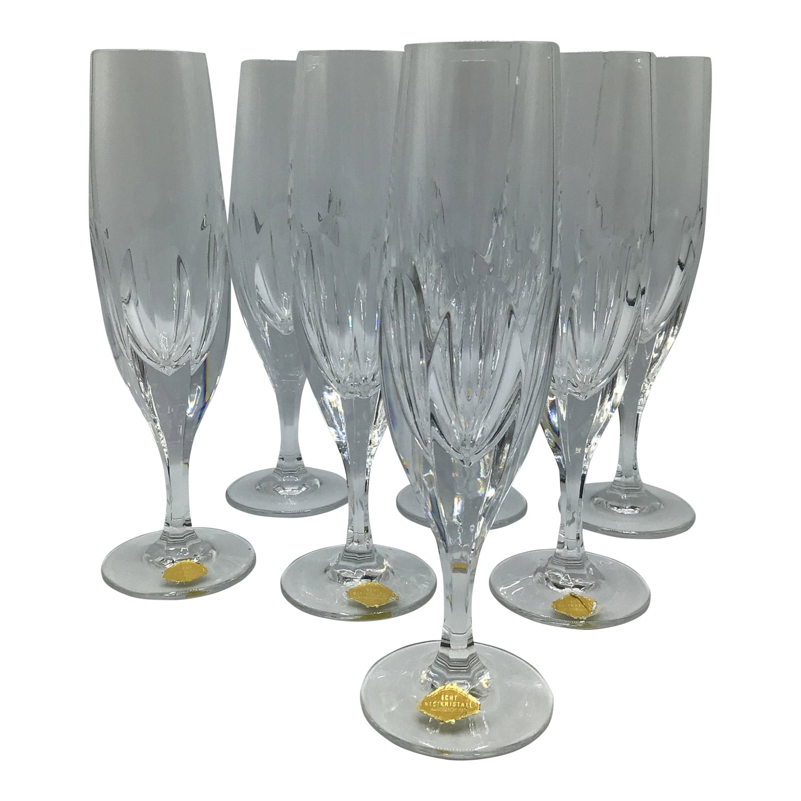 Vintage German Nachtmann Crystal Champagne Flutes "Sonja"-Set of 7: Nachtmann crystal champagne flutes made in Germany. The sticker on the base reads "ECHT BLEIKRISTA HANDGESCHIETE and means real lead crystal hand made. The pattern is Sonja. Stunning set! Condition: