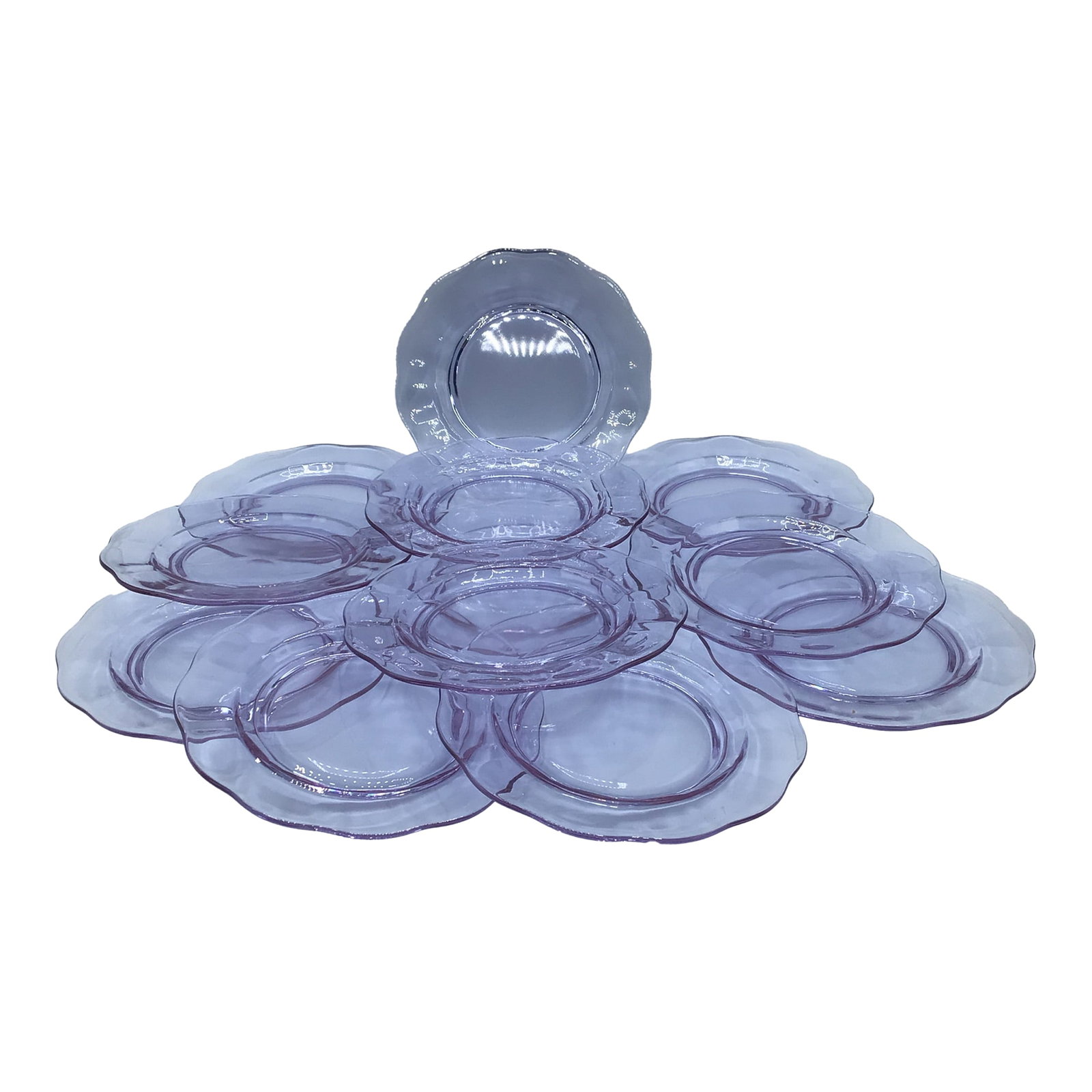 Art Deco Salad Plates Lafayette Wisteria by Fostoria - Set of 12: Set of 12 1930's salad plates. They are great size for desserts too. Beautiful lavender hue blown glass plates with a slight ruffled edge. This pattern has been discontinued and was only made from