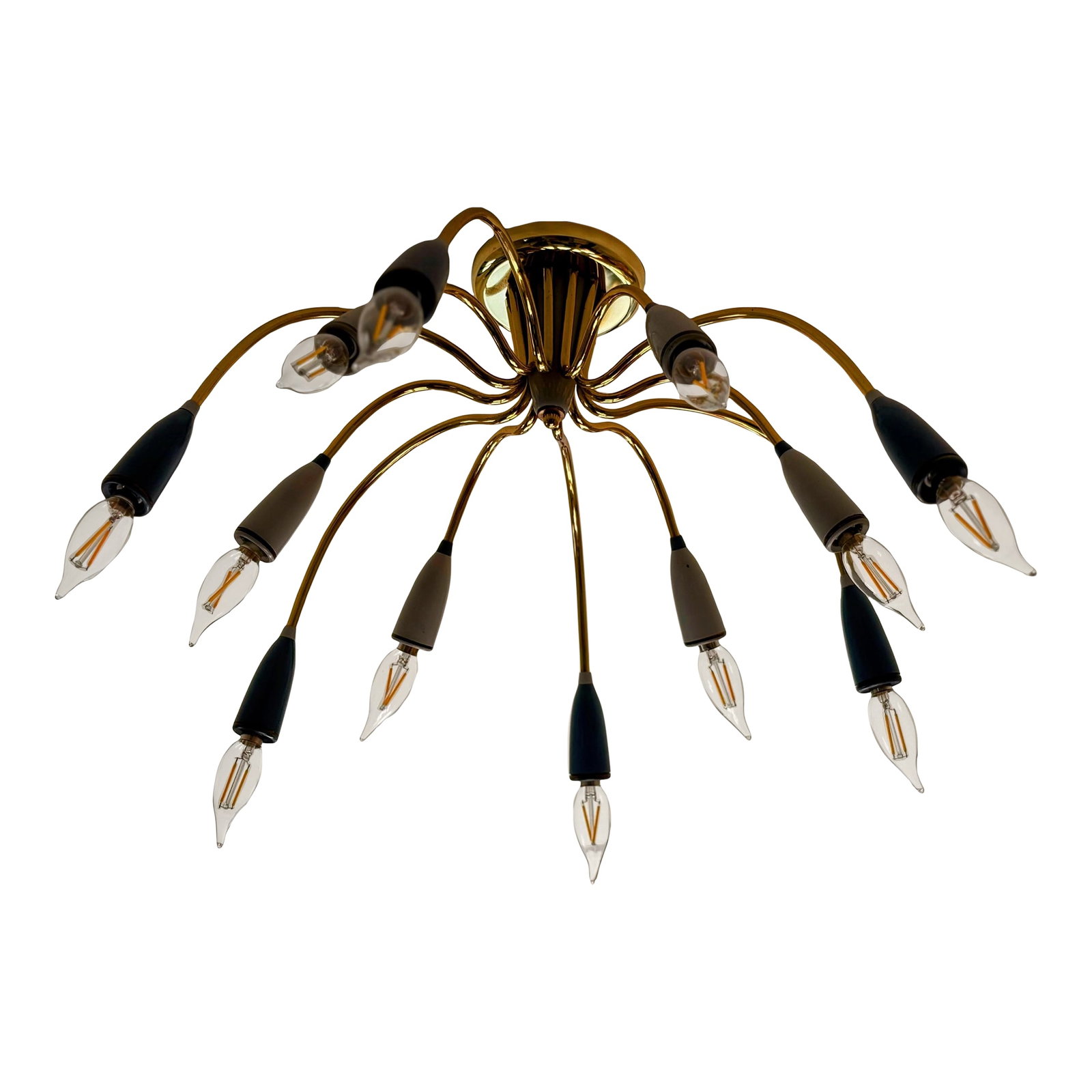 Vintage Midcentury Modern Brass and Gray Flushmount Sputnik Light in the Style of Stilnovo: Unique midcentury brass flush mount light in the style of Stilnovo. This exquisite light features 12 arms with alternating light and dark/slate gray. This piece has been professionally rewired for