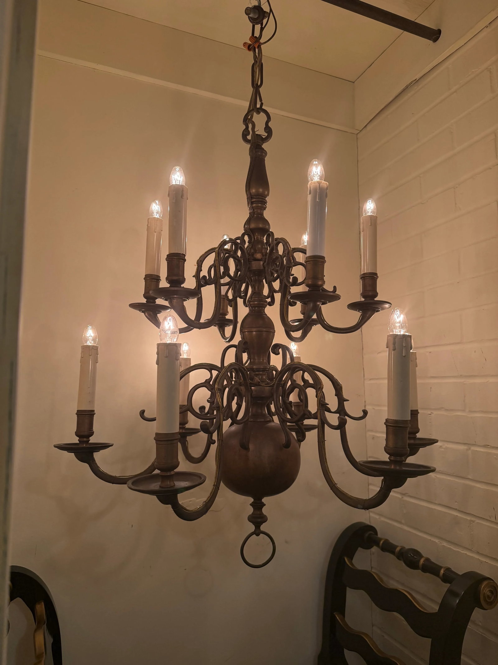 Early 12 Arm Colonial Brass Chandelier - 3