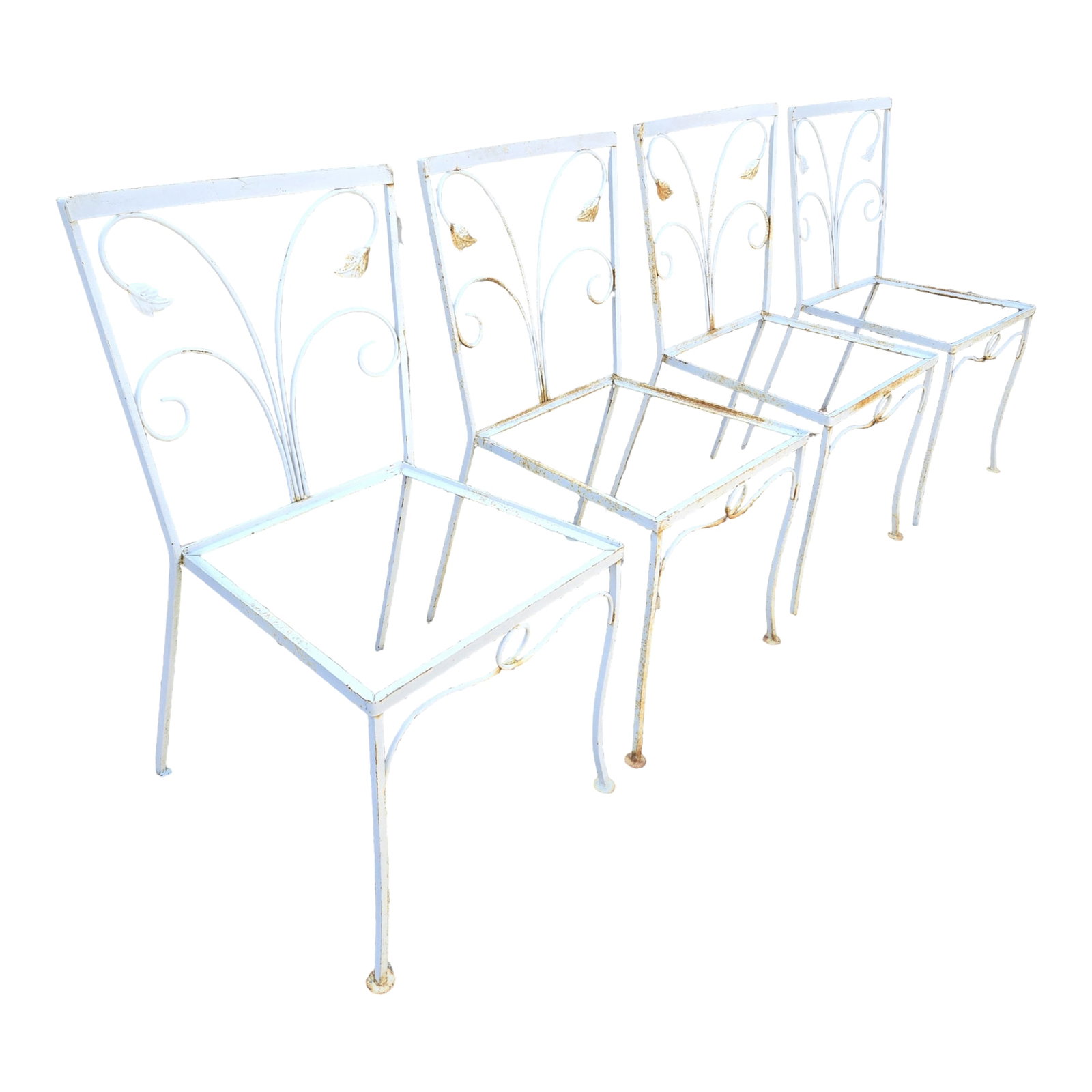 Vintage Salterini Style Wrought Iron Dining Chairs - Set of 4, Attributed: Vintage Salterini style Wrought Iron Dining Chairs This set of 4 Chairs are made out of heavy duty wrought iron and will withstand the most severe weather conditions. The chairs feature a square back,