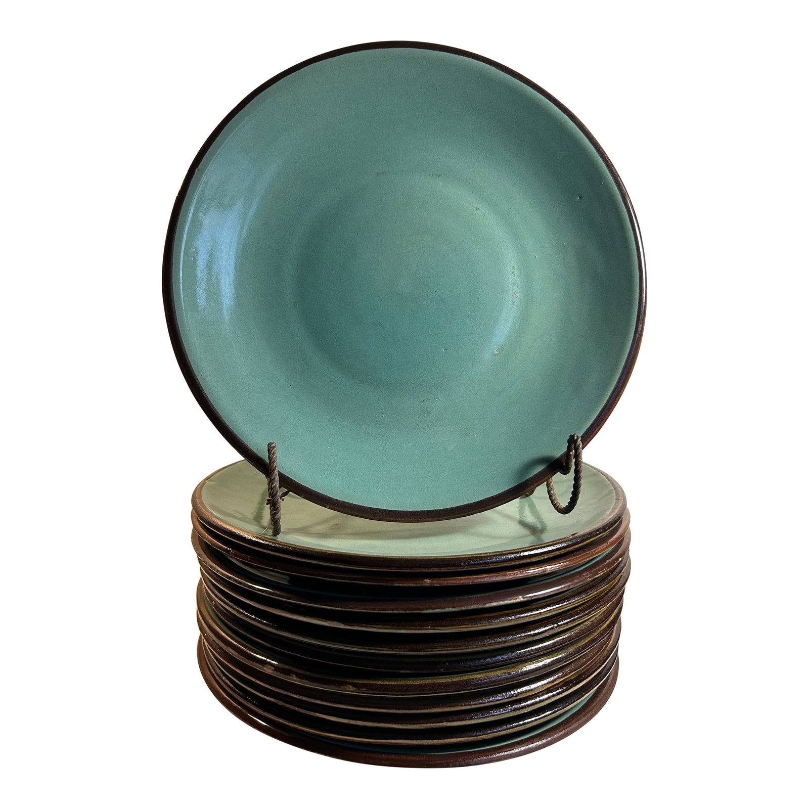 Vintage 1960's French Blue Stoneware Jars Turron Dinner Plates Set of 12: Vintage set of 12 French stoneware, glazed studio pottery dinner plates made by Jars. Four of the twelve plates are signed. These plates measure just under 11" (10.75"). They are a light sea glass blu