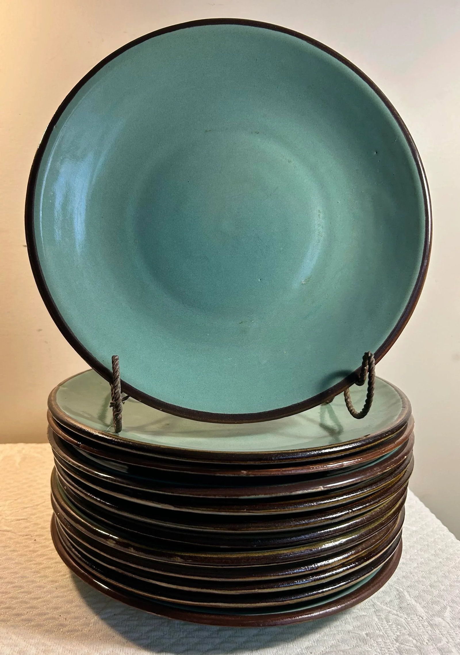 Vintage 1960's French Blue Stoneware Jars Turron Dinner Plates Set of 12 - 2