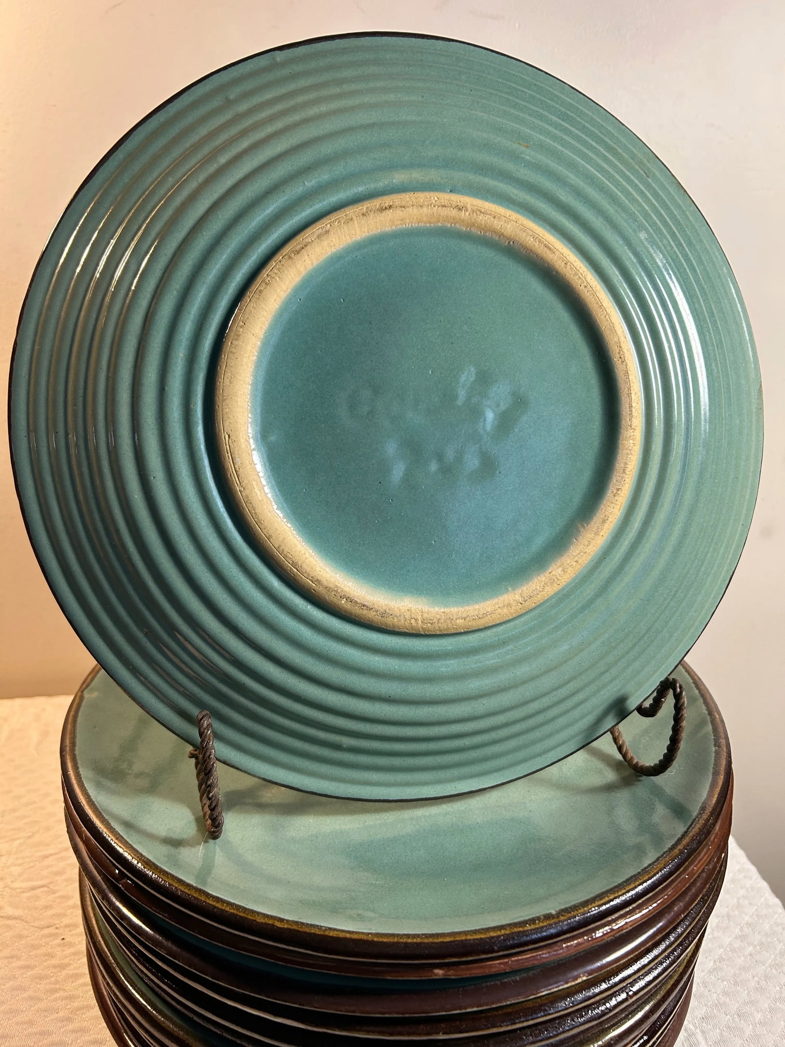 Vintage 1960's French Blue Stoneware Jars Turron Dinner Plates Set of 12 - 3
