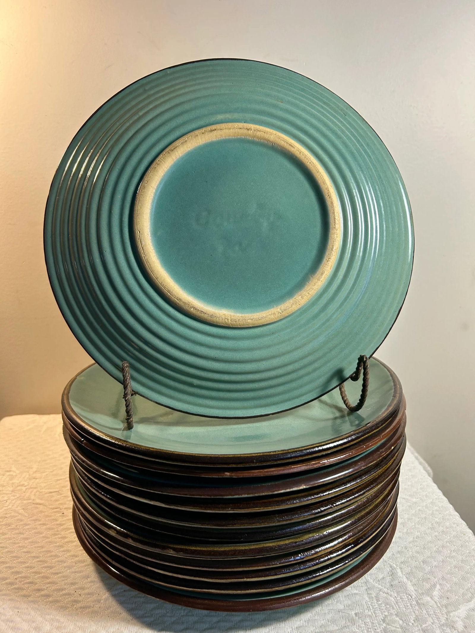Vintage 1960's French Blue Stoneware Jars Turron Dinner Plates Set of 12 - 4