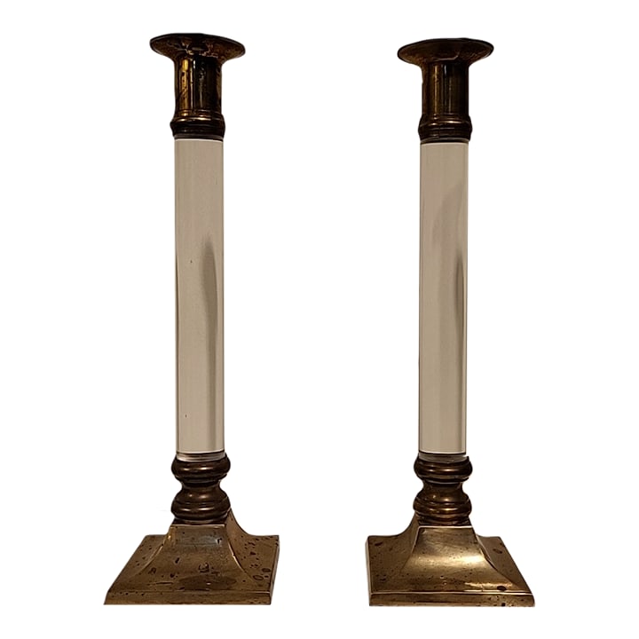 1940s Mid-Century Modern Hollywood Regency Brass & Lucite Candle Holders- a Pair: These are vintage brass and cleare lucite candle holders. Heavy and beautiful. They definitely make a statement. Condition: Alterations: Original Condition Unaltered Imperfections: Needs Restoration