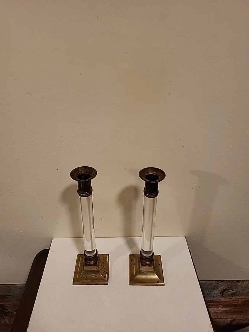 1940s Mid-Century Modern Hollywood Regency Brass & Lucite Candle Holders- a Pair - 2