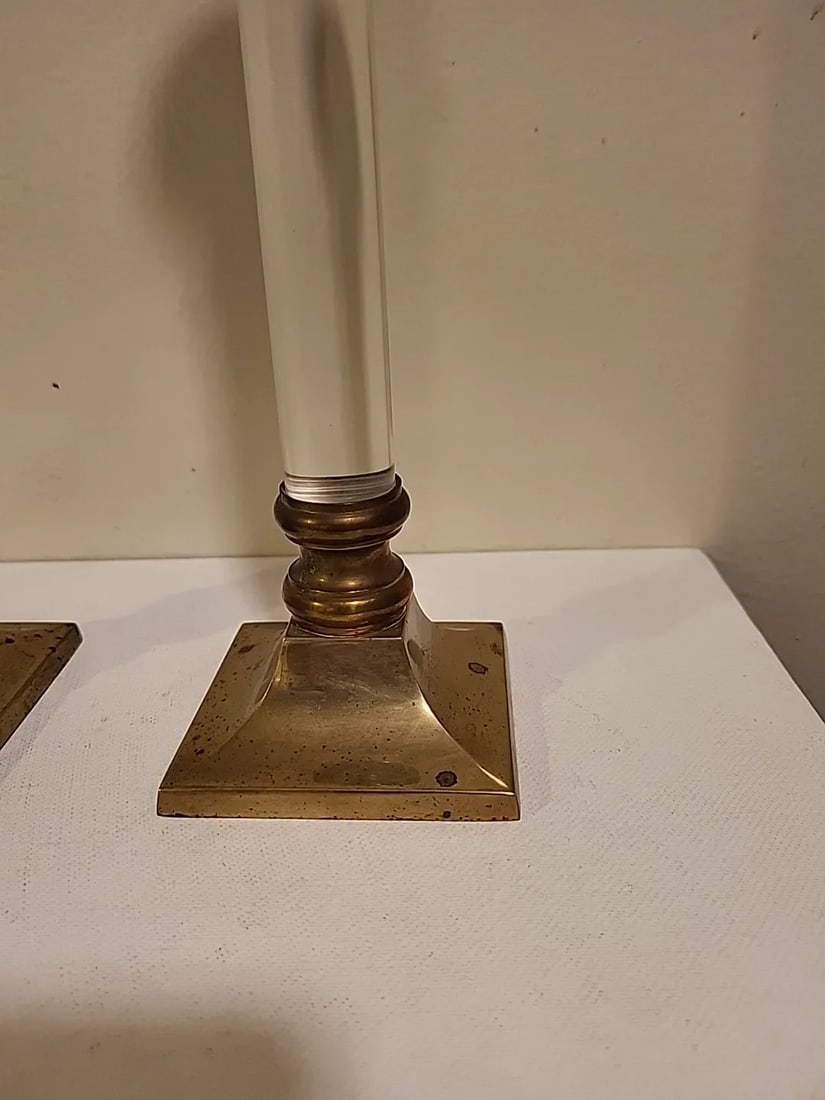 1940s Mid-Century Modern Hollywood Regency Brass & Lucite Candle Holders- a Pair - 3