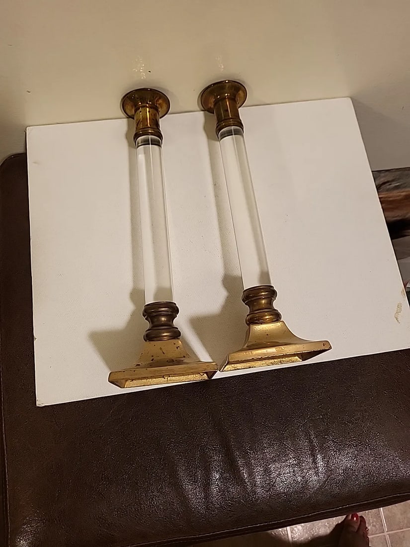 1940s Mid-Century Modern Hollywood Regency Brass & Lucite Candle Holders- a Pair - 5