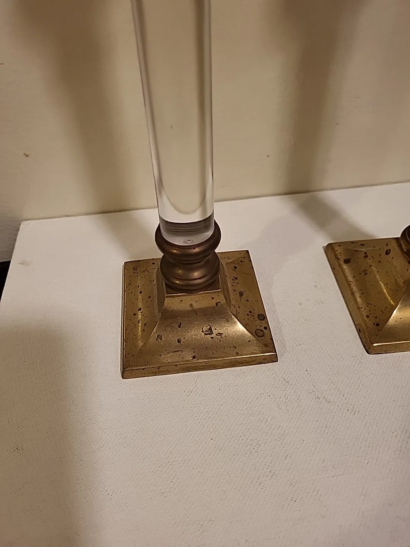 1940s Mid-Century Modern Hollywood Regency Brass & Lucite Candle Holders- a Pair - 8