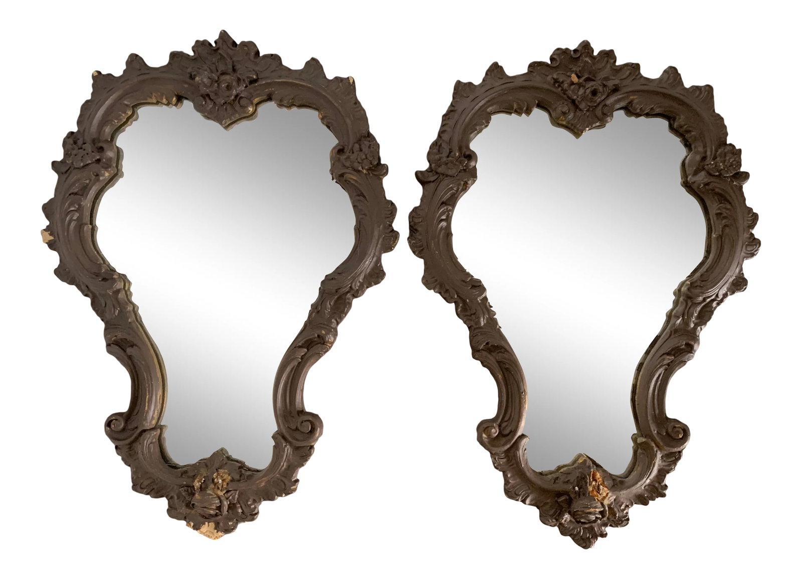 Antique French Rococo Mirrors - a Pair: Pair of simply gorgeous good sized antique French Rococo mirrors. Made from wood and gesso with original mirror. A few small chips to gesso as shown in photos. At one time they look to have been wall