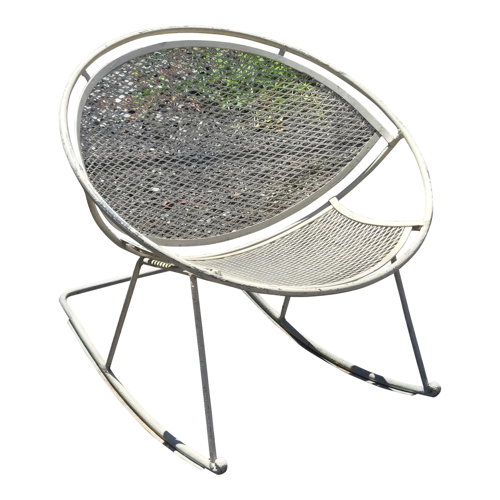 Attributed to Salterini Wrought Iron Radar Rocker Chair: Salterini Radar Rocking Chair Amazing and rare Vintage Wrought Iron Rocking Chair is available now and ready to ship. This piece is structurally sound free from any breaks in welds or mesh. Add this