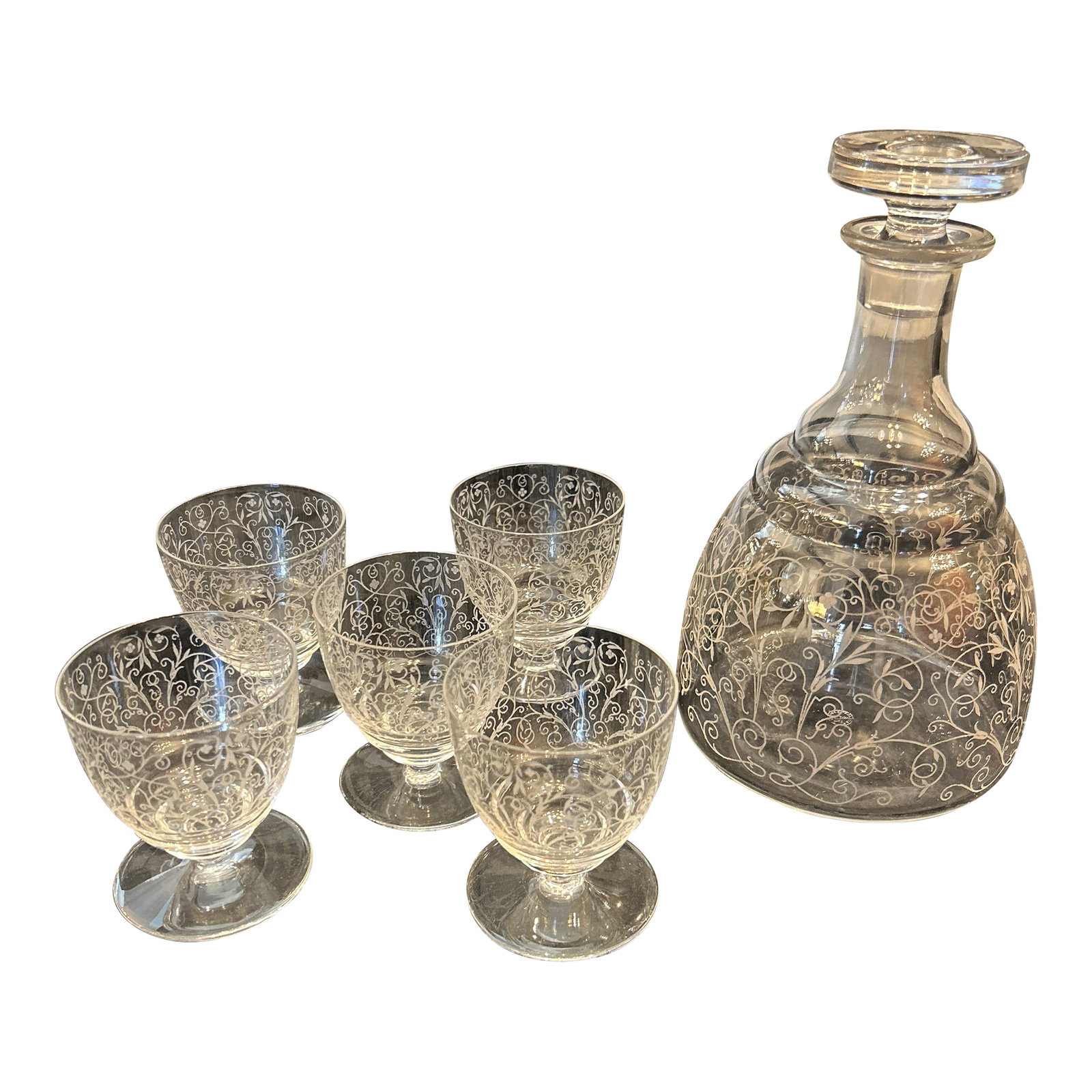 Baccarat Antique 1930s Crystal Lulli Pattern Art Deco Decanter and 5 Cups, Set of 6 Pieces Signed an (1 of 9)