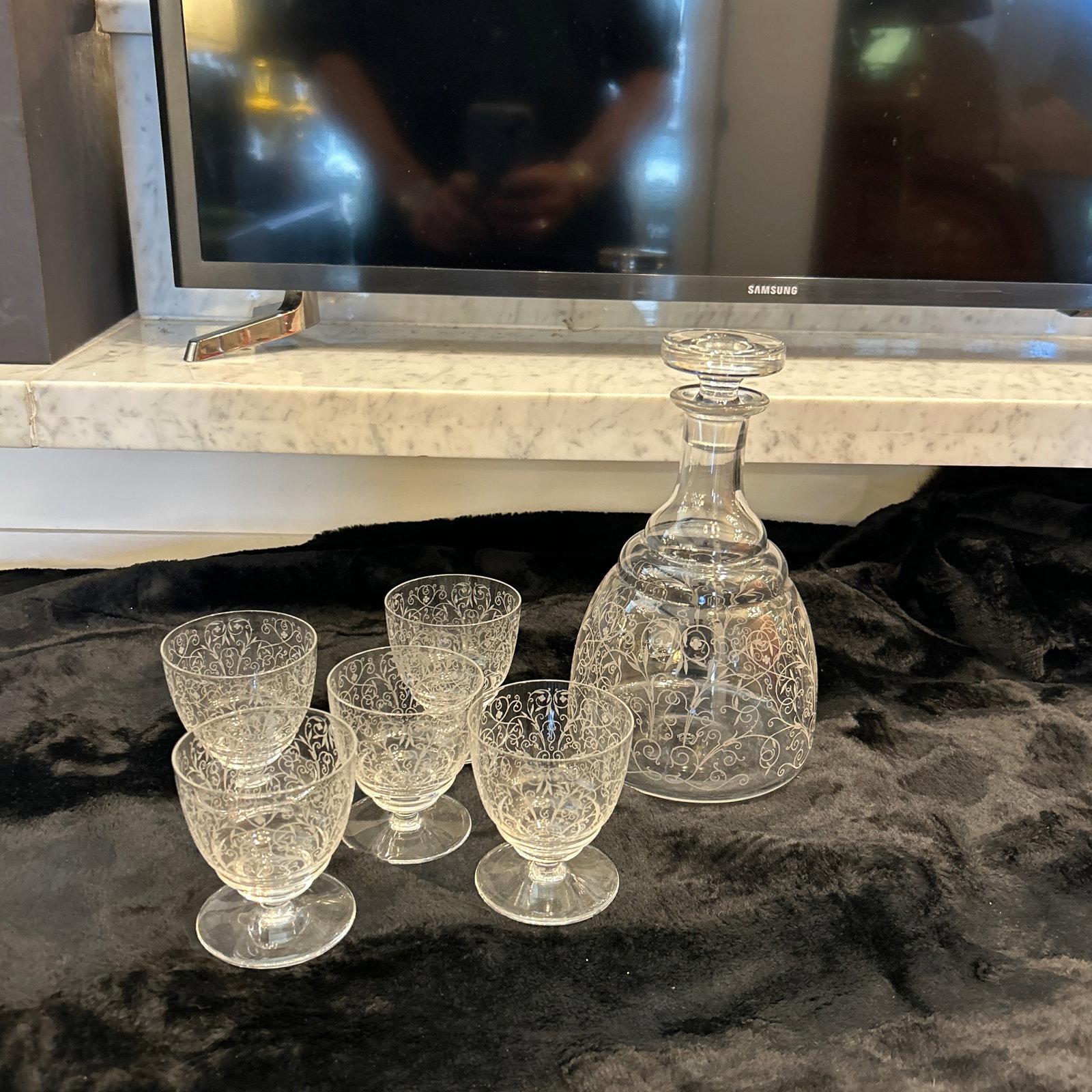 Baccarat Antique 1930s Crystal Lulli Pattern Art Deco Decanter and 5 Cups, Set of 6 Pieces Signed an - 8