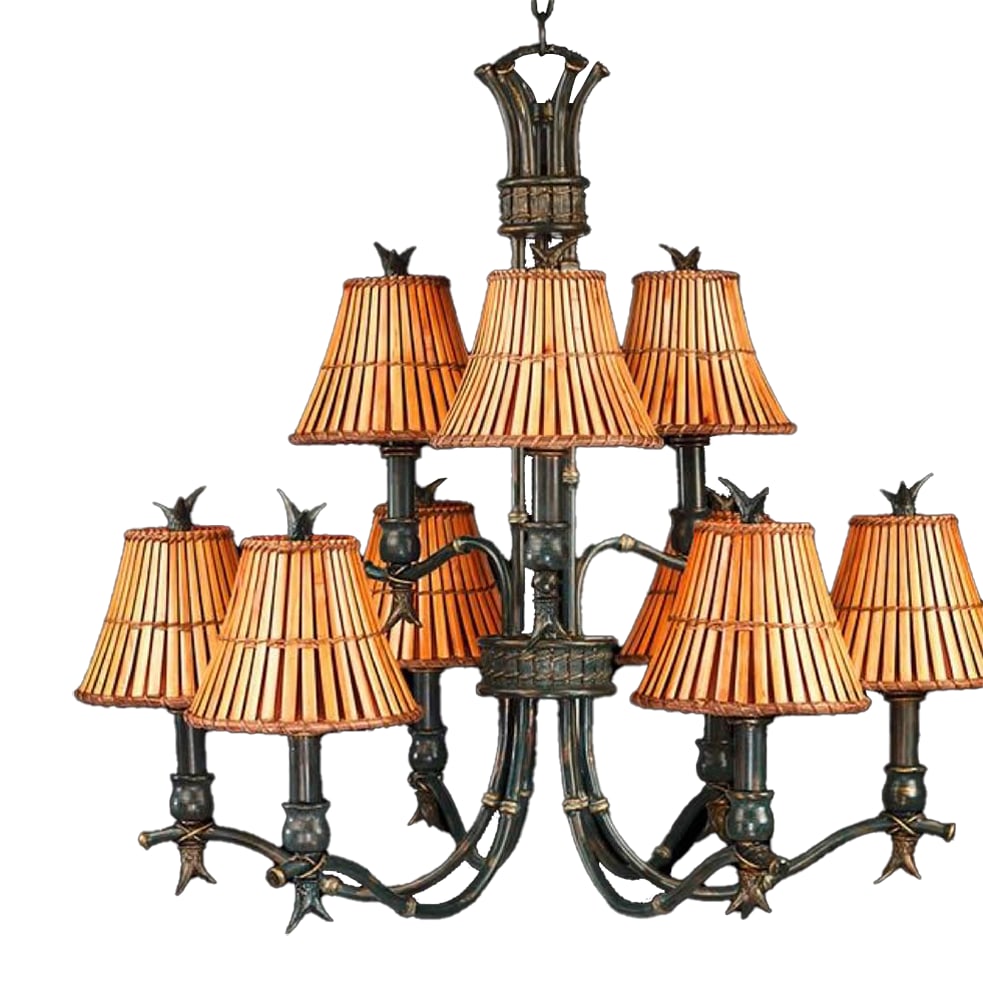 Late 20th Century Elegant, 2 Tired, 9 Bulb, Faux Bamboo Bronze Chandelier With Custom Rattan Shades: Classic quality timeless design. Double level chandelier with rattan shades and detailed bamboo vines . 9 bulb light provides a chinoiserie coastal charm that will enhance any large entry or dining