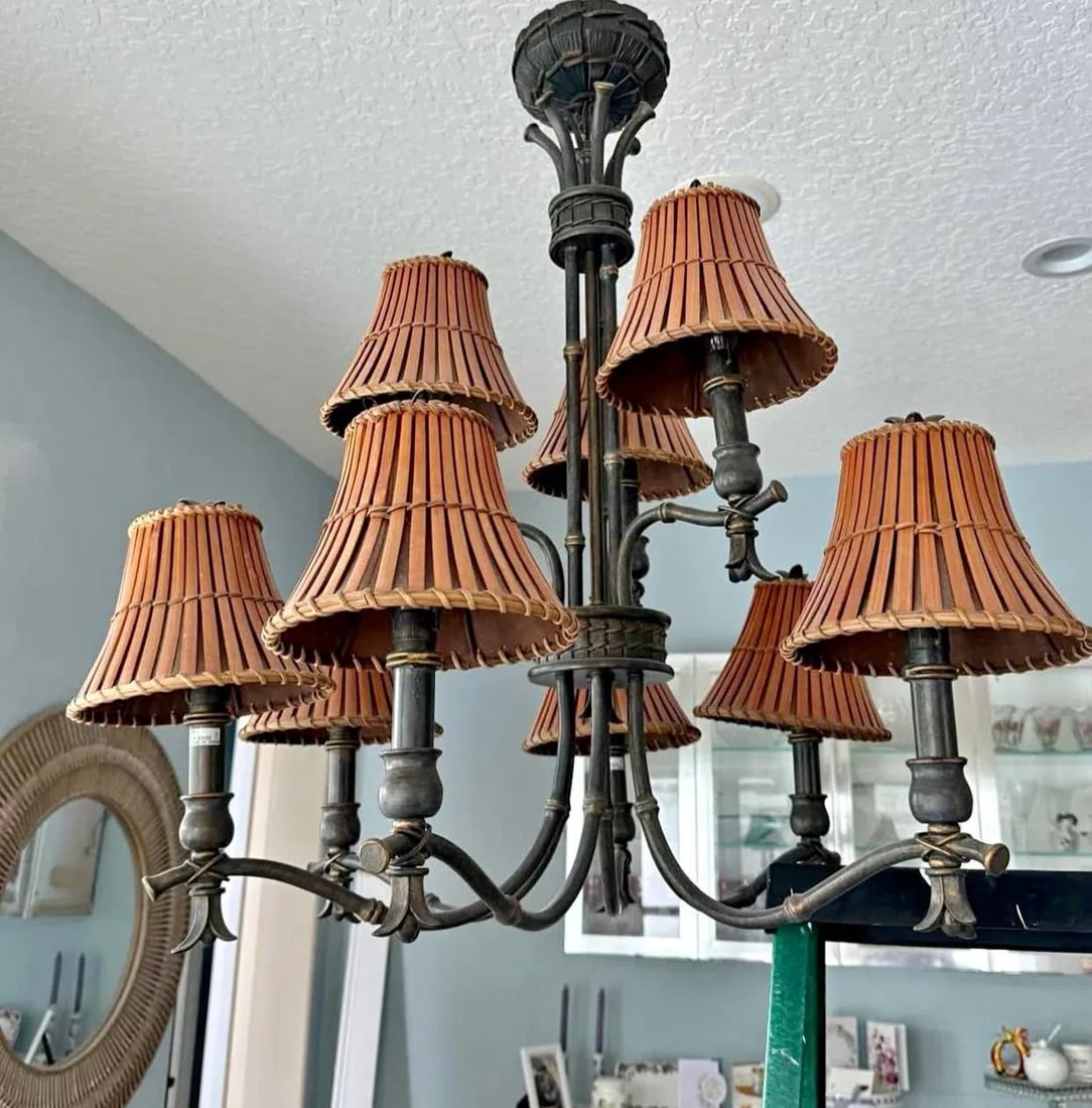 Late 20th Century Elegant, 2 Tired, 9 Bulb, Faux Bamboo Bronze Chandelier With Custom Rattan Shades - 2
