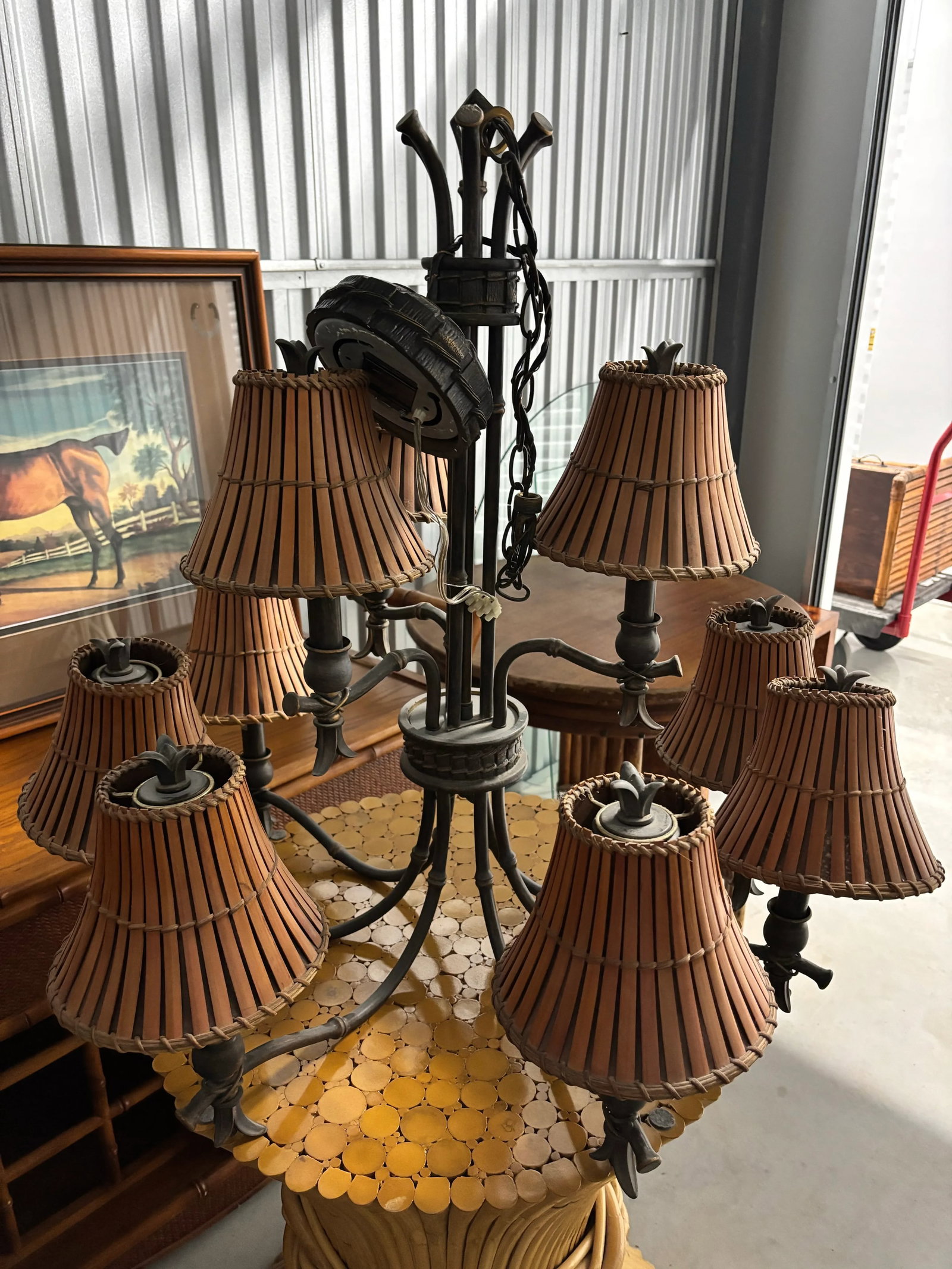 Late 20th Century Elegant, 2 Tired, 9 Bulb, Faux Bamboo Bronze Chandelier With Custom Rattan Shades - 3